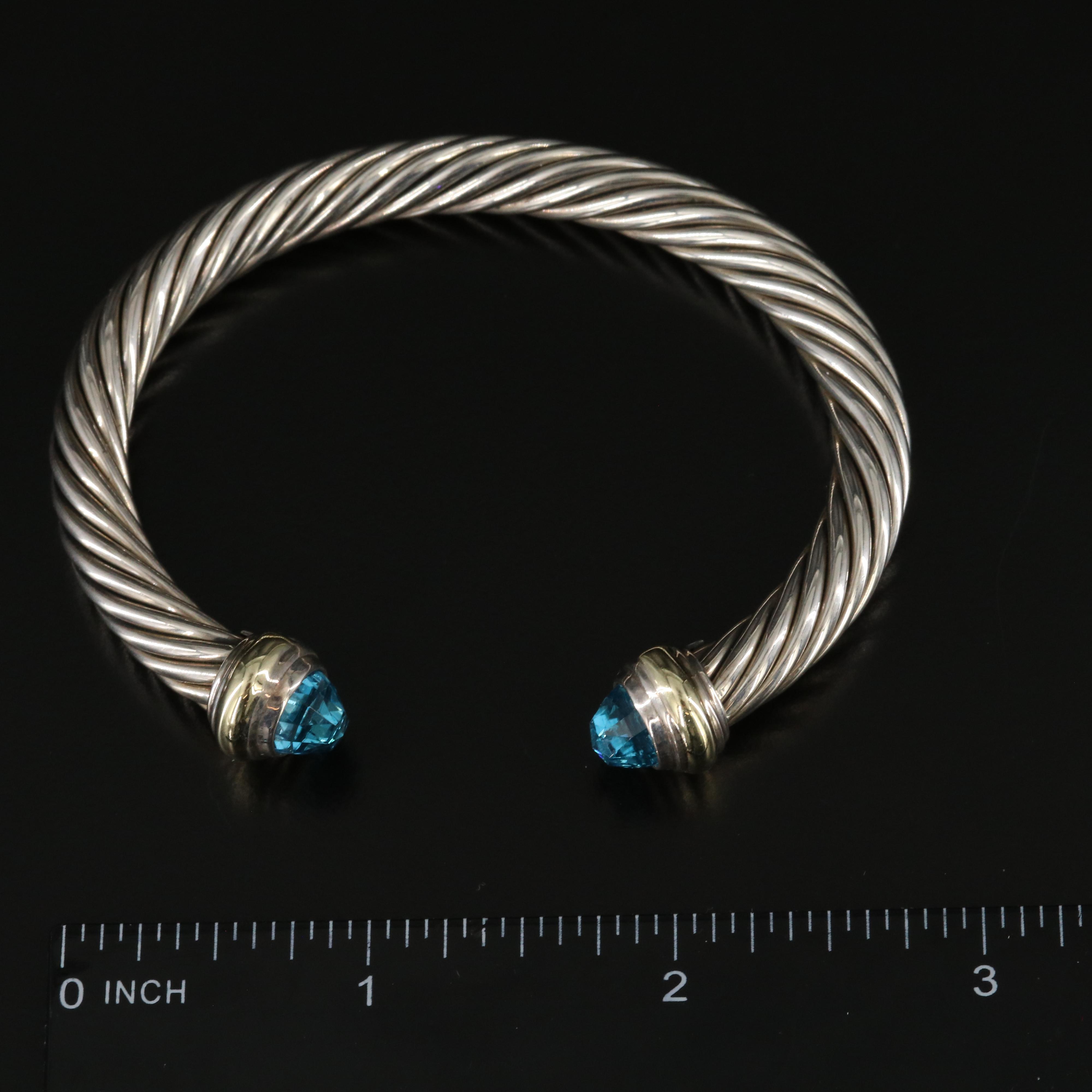David Yurman Sterling and Blue Topaz Cable Cuff Bracelet with 14K Accents