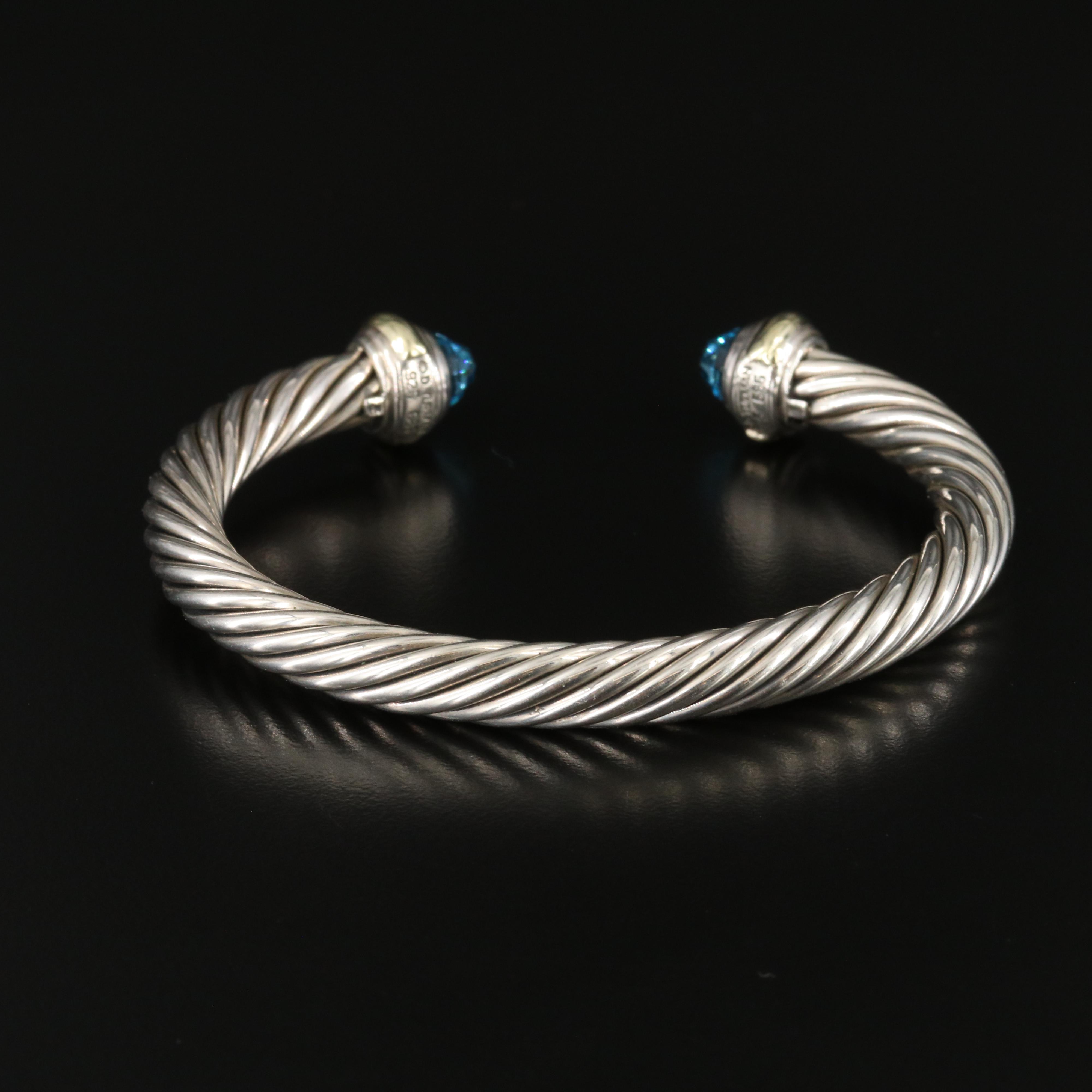 David Yurman Sterling and Blue Topaz Cable Cuff Bracelet with 14K Accents