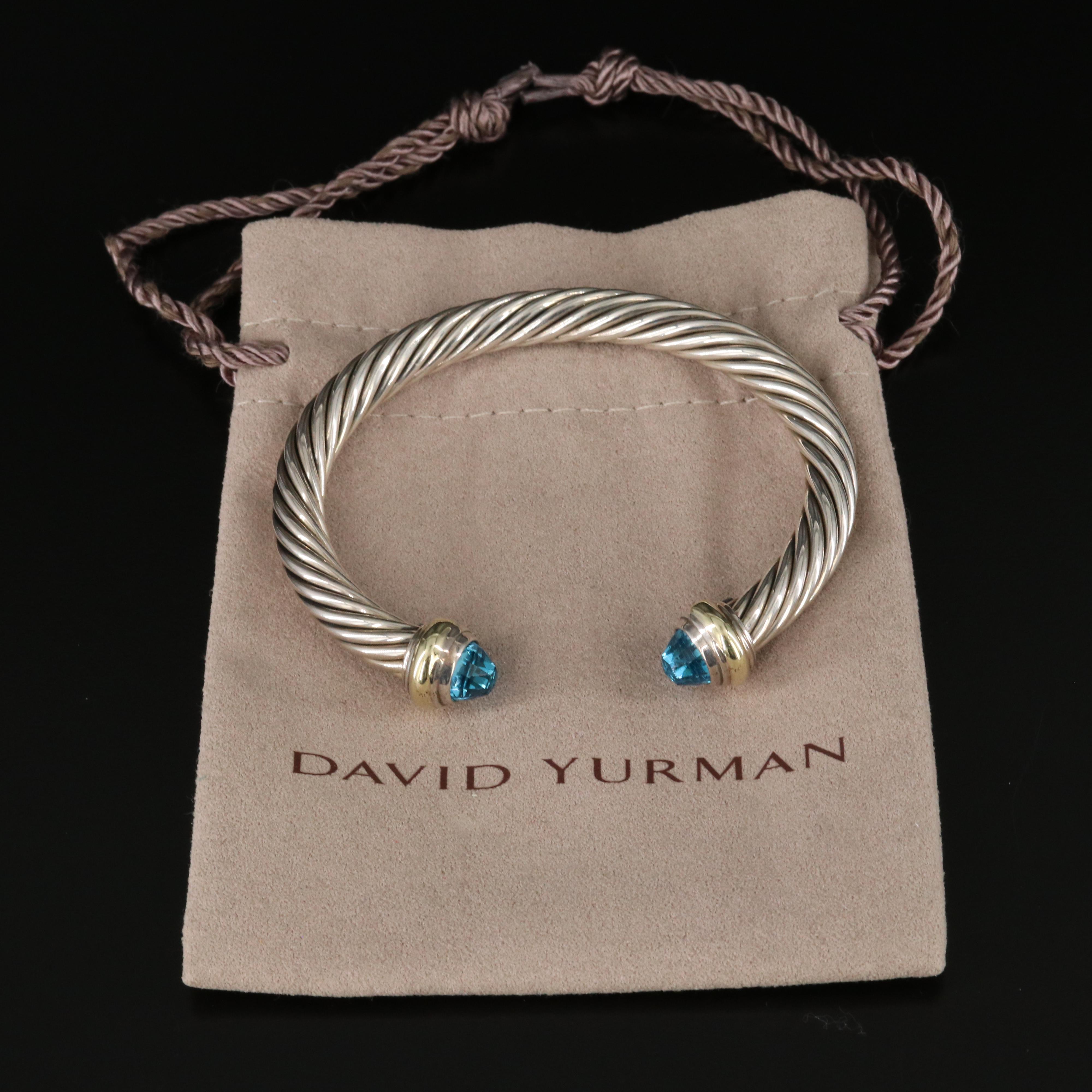 David Yurman Sterling and Blue Topaz Cable Cuff Bracelet with 14K Accents