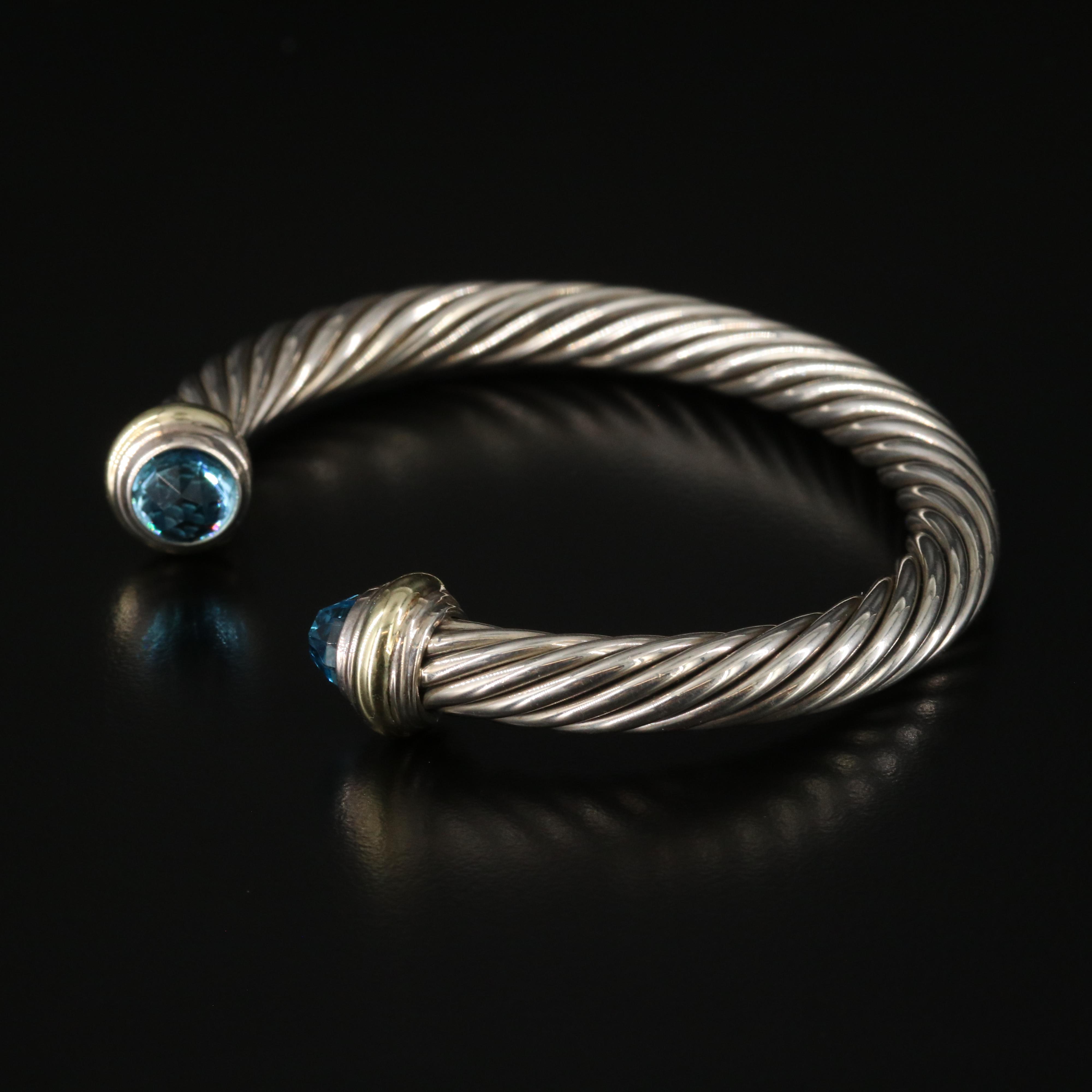 David Yurman Sterling and Blue Topaz Cable Cuff Bracelet with 14K Accents