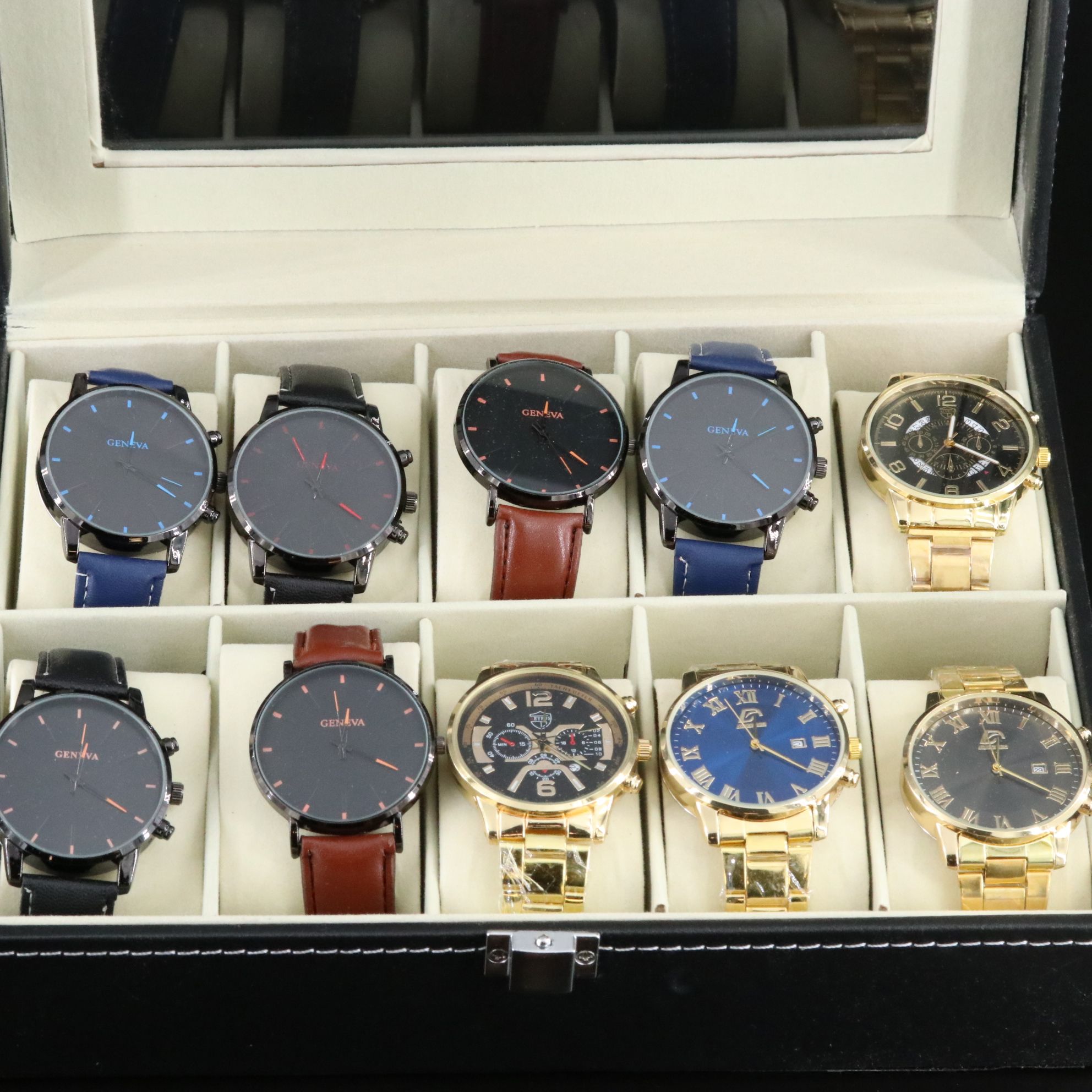 Collection of Quartz Watches in Watch Box Featuring Geneva