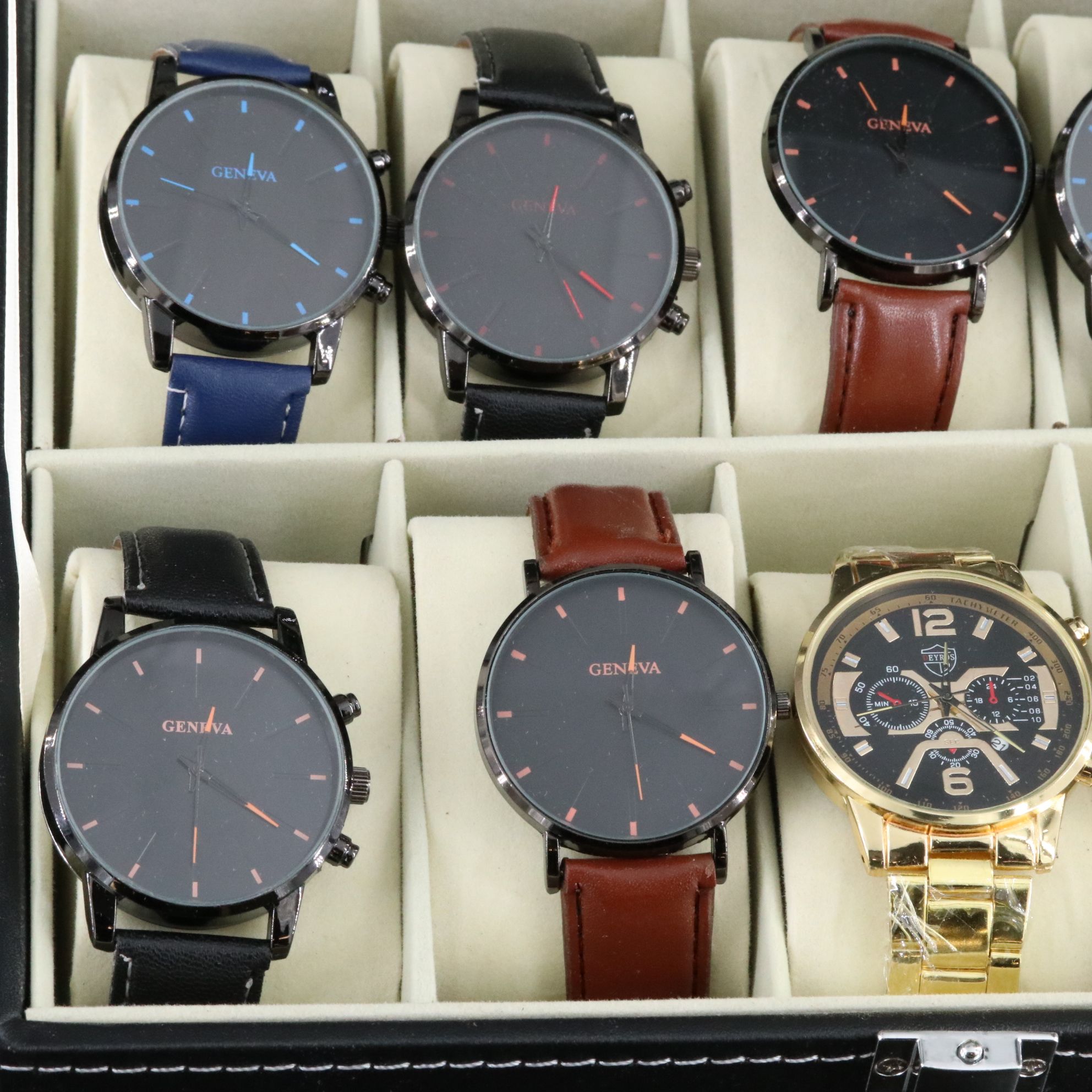 Collection of Quartz Watches in Watch Box Featuring Geneva