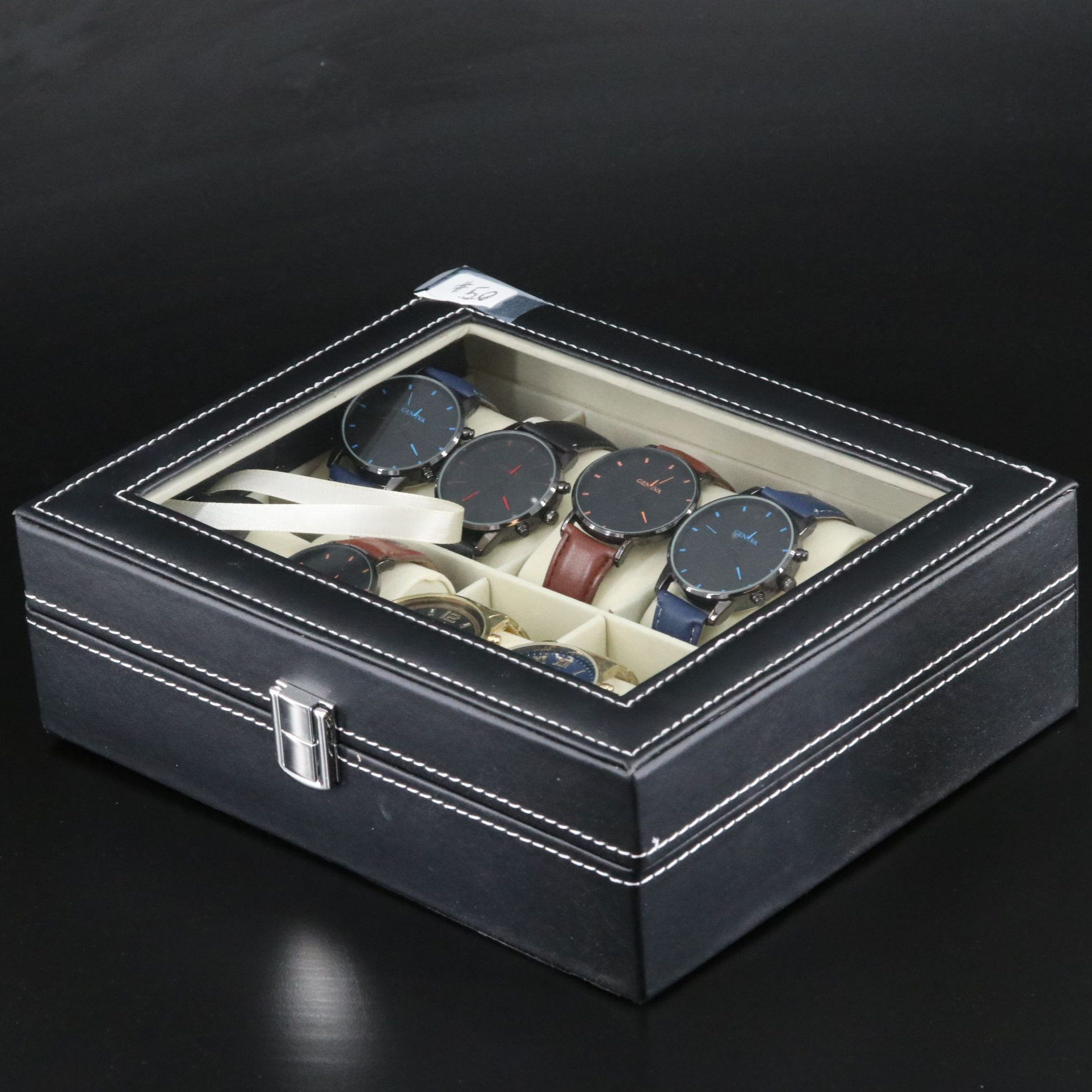 Collection of Quartz Watches in Watch Box Featuring Geneva