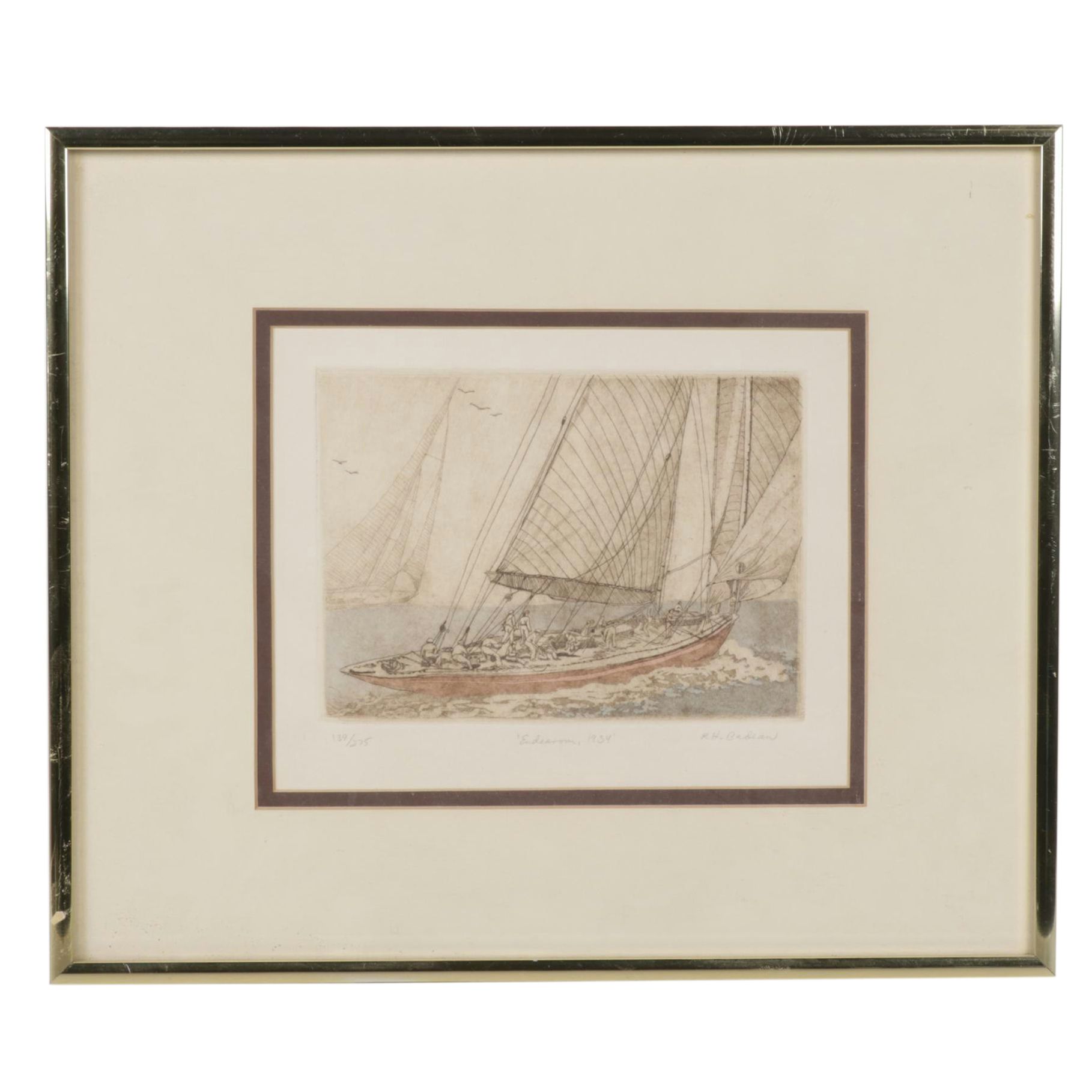 R.H. Badeau "Endeavour, 1934" Hand-Colored Etching, Mid to Late 20th Century
