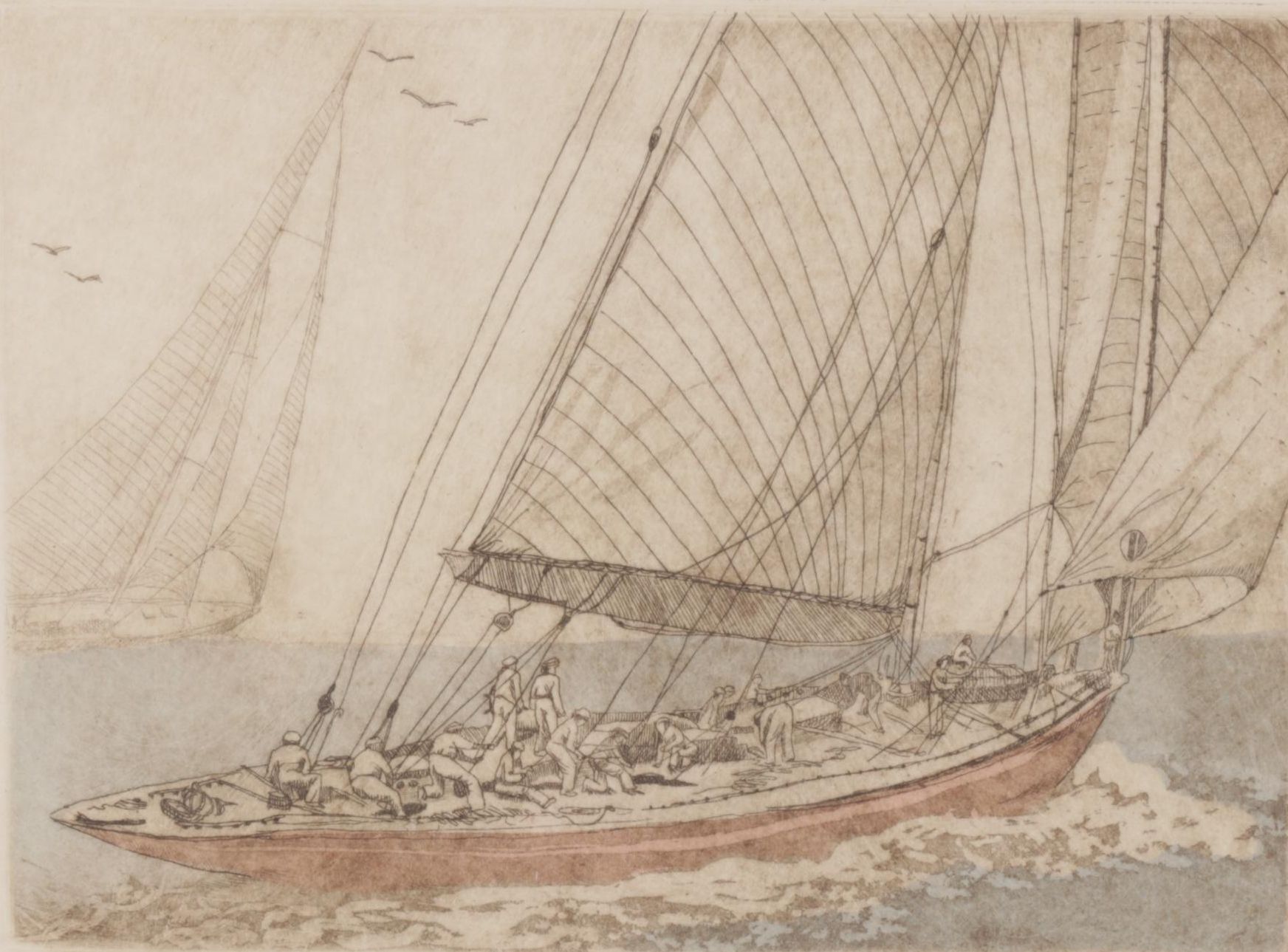 R.H. Badeau "Endeavour, 1934" Hand-Colored Etching, Mid to Late 20th Century