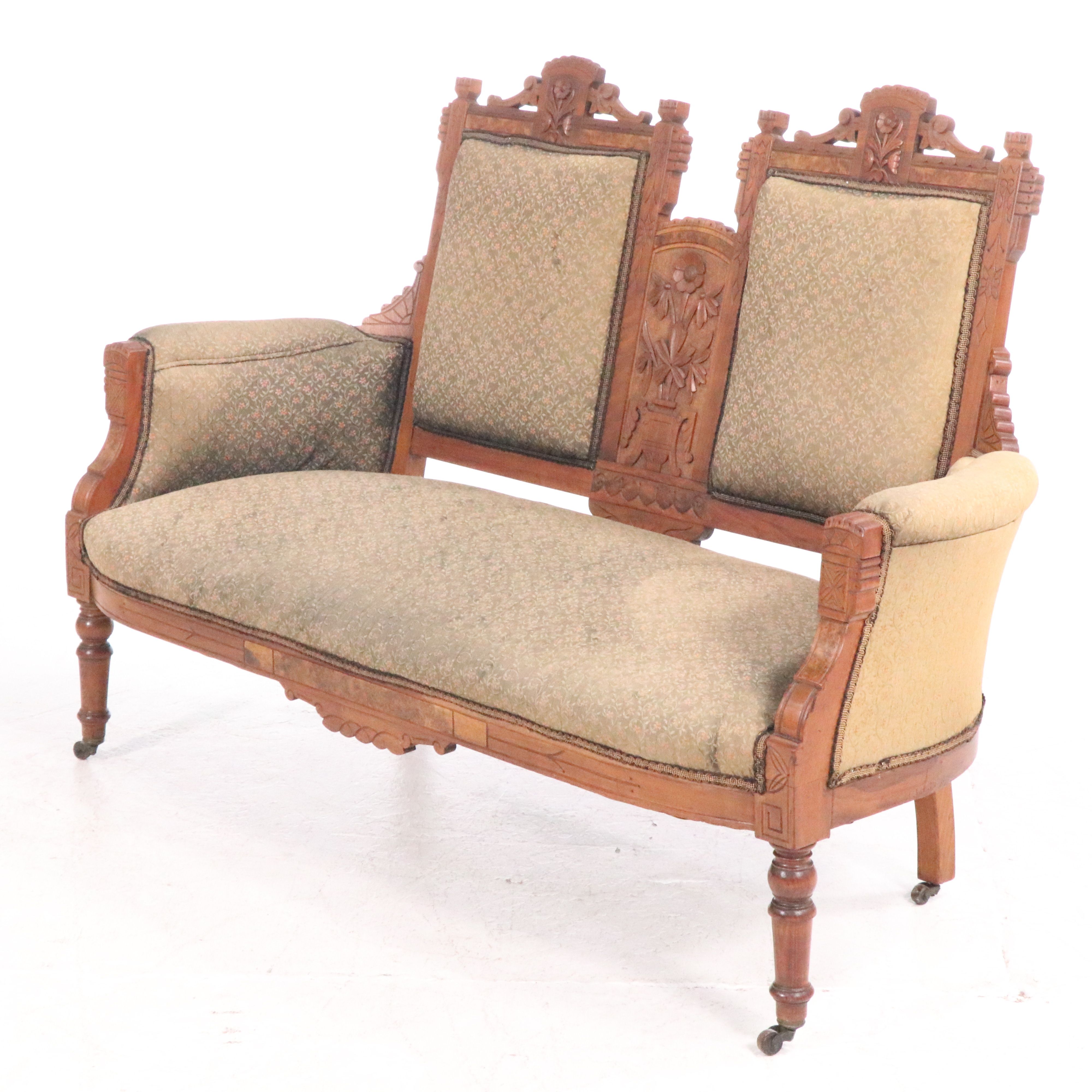 Victorian Eastlake Carved Walnut and Burl Wood Settee, Late 19th/Early 20th C.