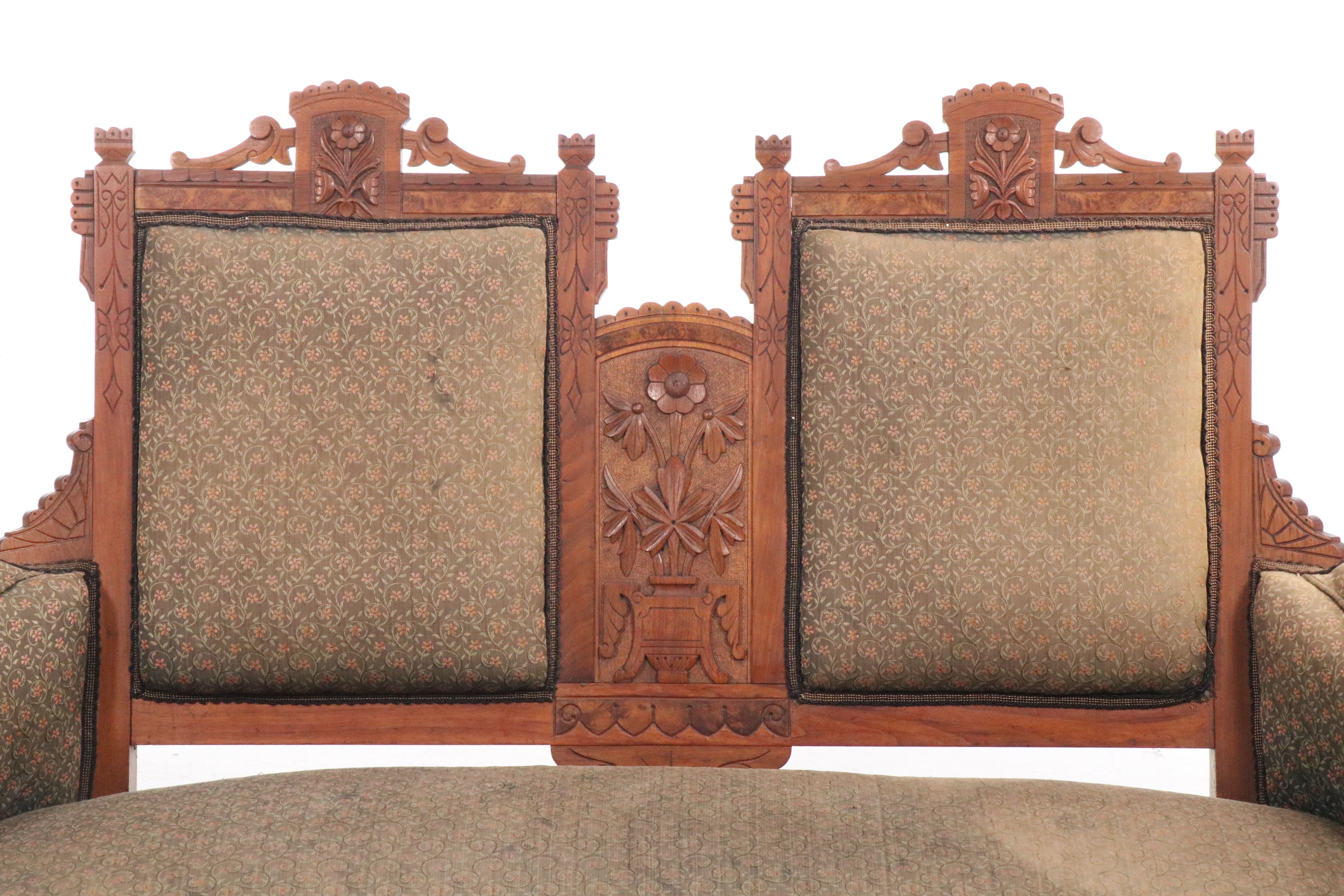 Victorian Eastlake Carved Walnut and Burl Wood Settee, Late 19th/Early 20th C.