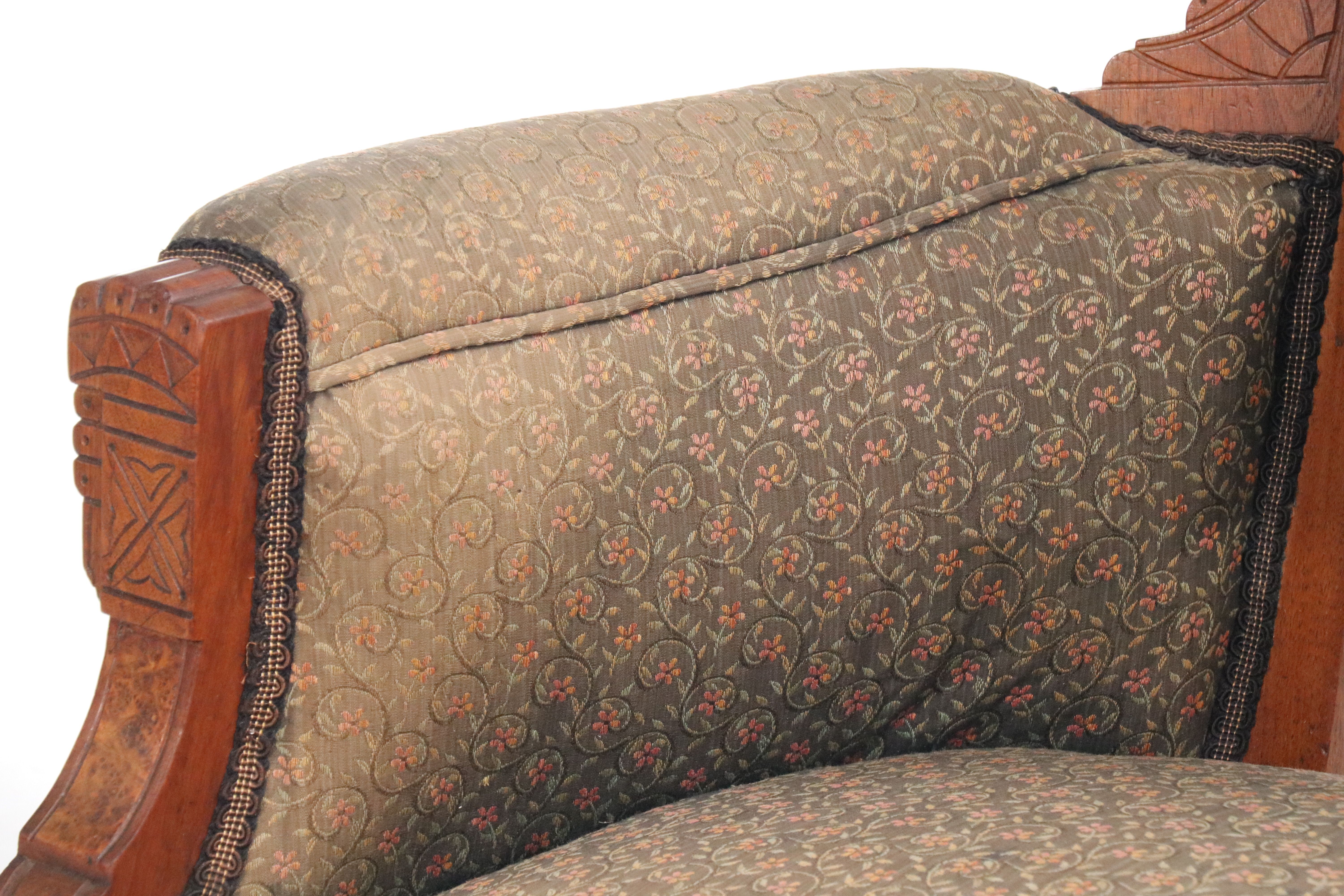 Victorian Eastlake Carved Walnut and Burl Wood Settee, Late 19th/Early 20th C.