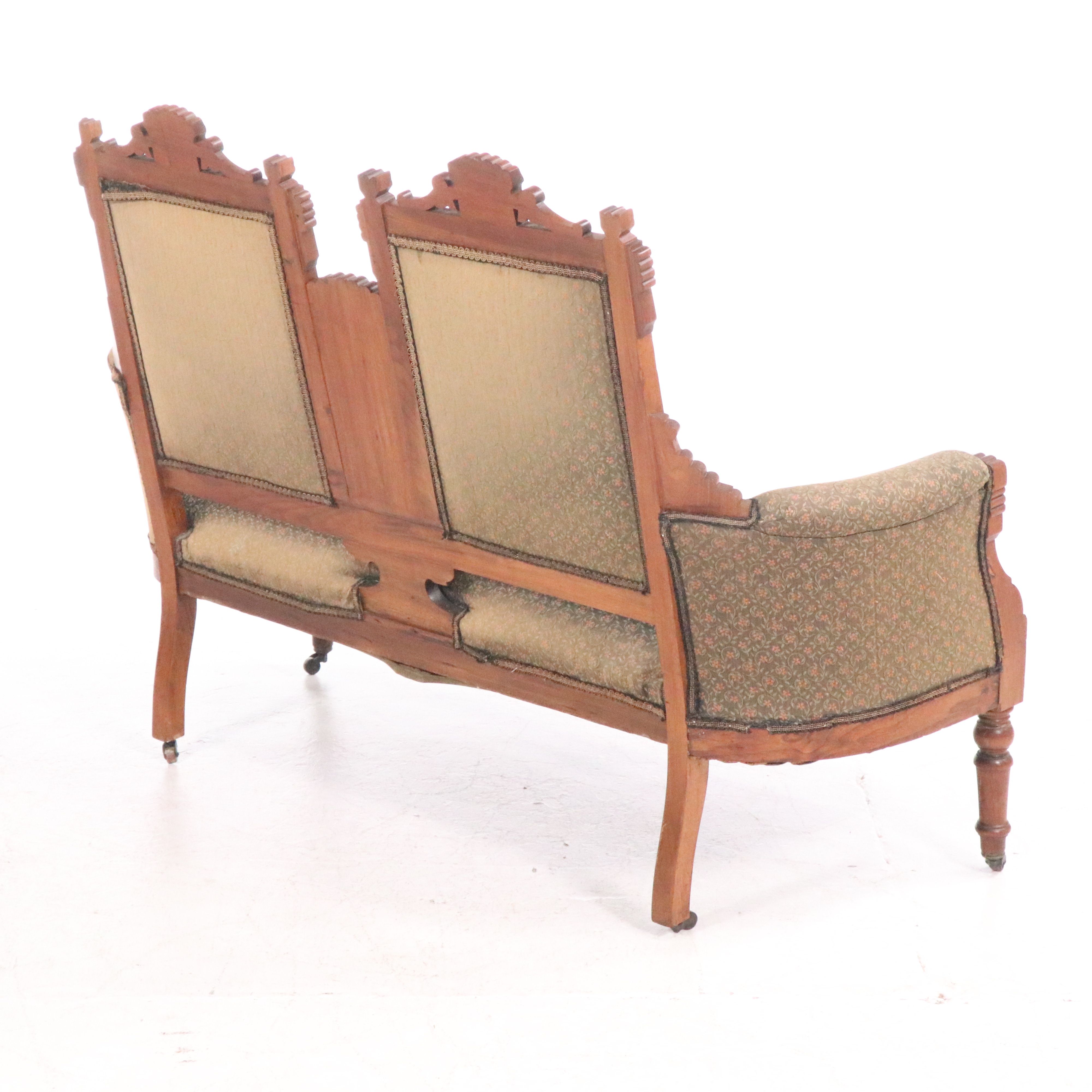 Victorian Eastlake Carved Walnut and Burl Wood Settee, Late 19th/Early 20th C.