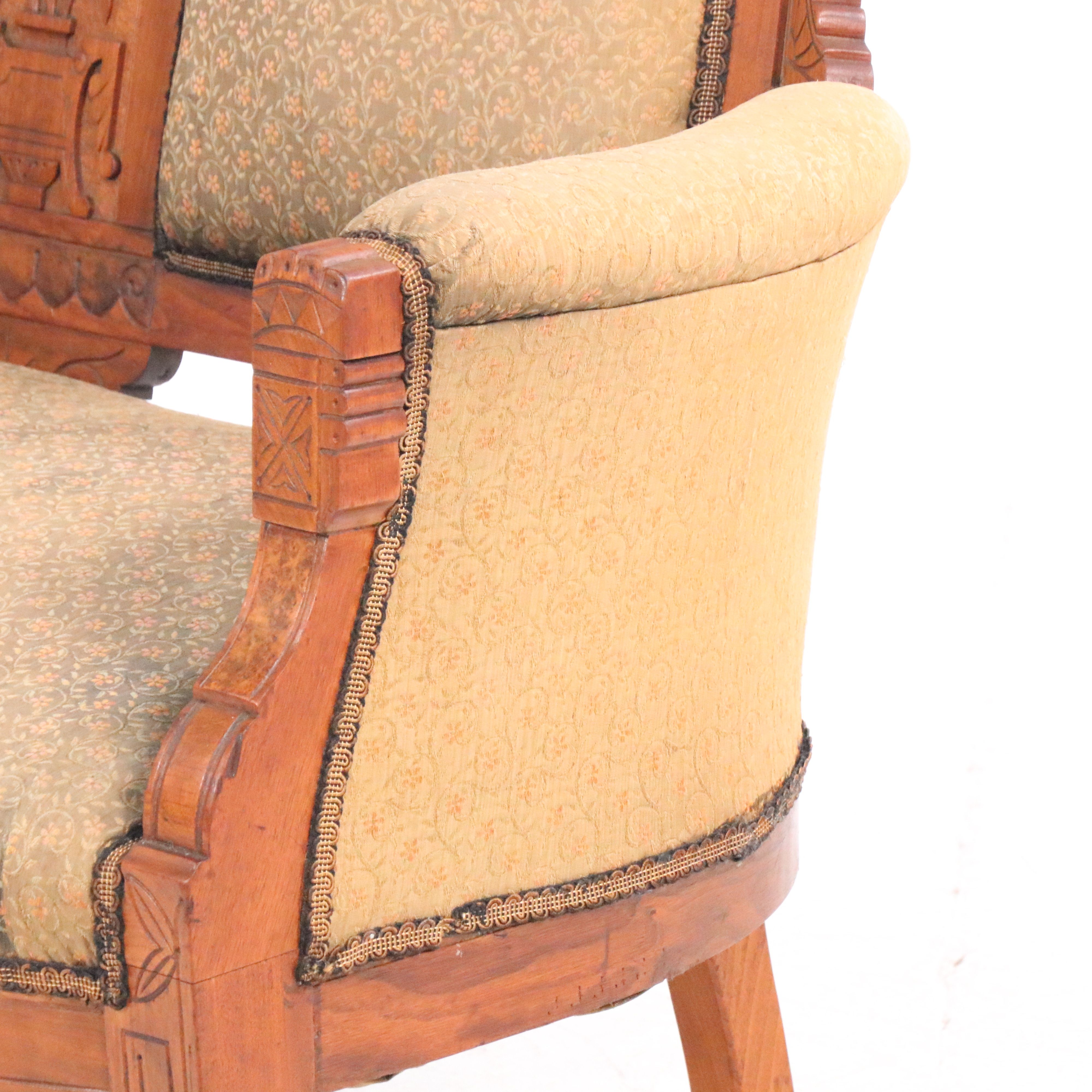 Victorian Eastlake Carved Walnut and Burl Wood Settee, Late 19th/Early 20th C.