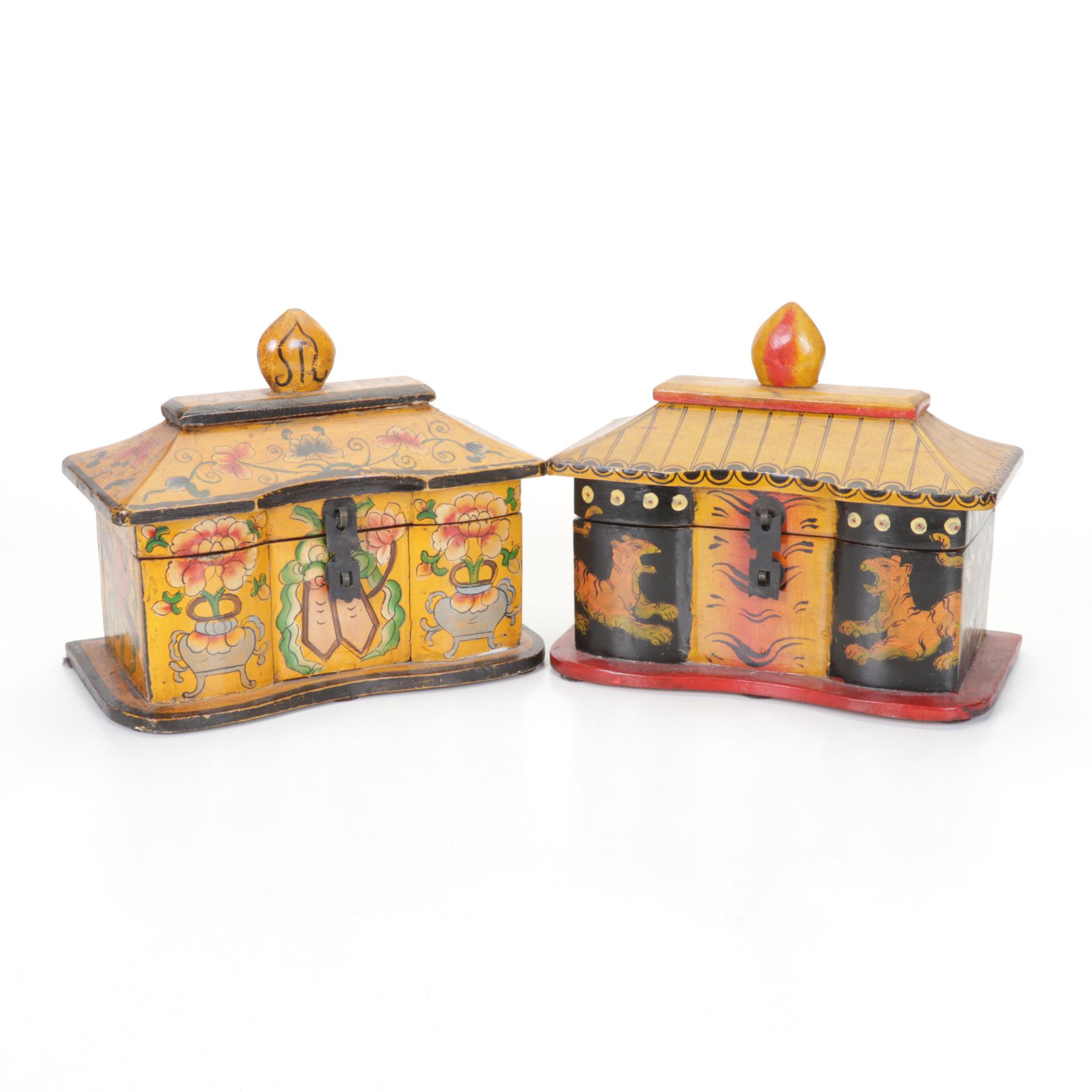 Hand-Painted Wooden Tiger and Floral Motif Pagoda Boxes with Puzzle Pieces
