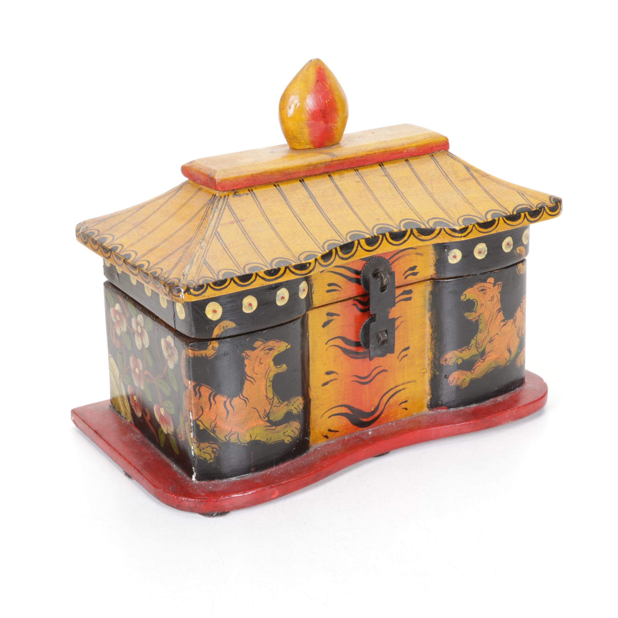Hand-Painted Wooden Tiger and Floral Motif Pagoda Boxes with Puzzle Pieces