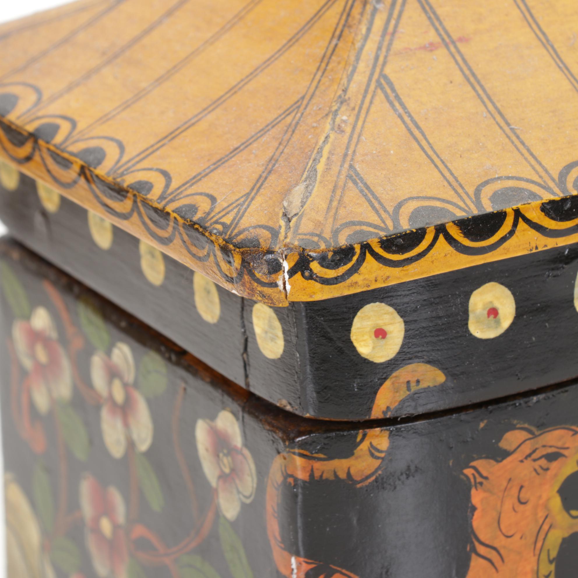 Hand-Painted Wooden Tiger and Floral Motif Pagoda Boxes with Puzzle Pieces