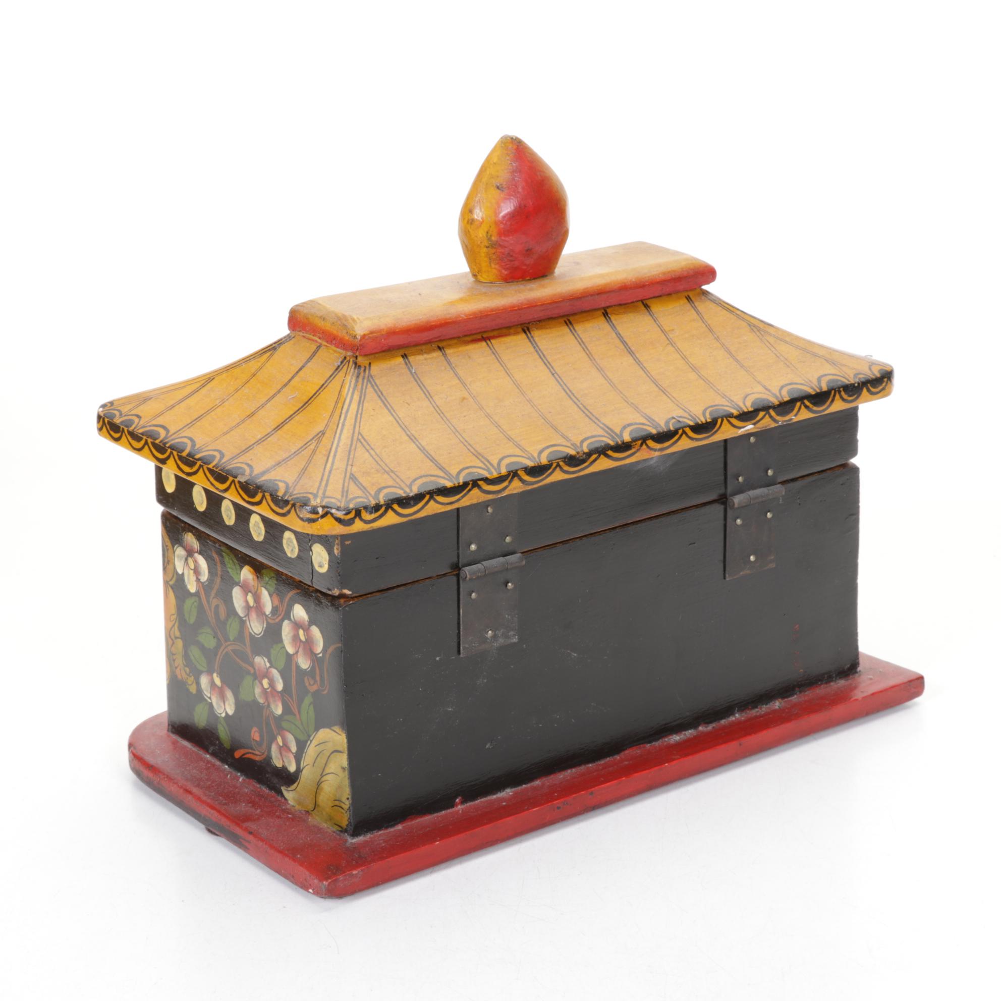 Hand-Painted Wooden Tiger and Floral Motif Pagoda Boxes with Puzzle Pieces