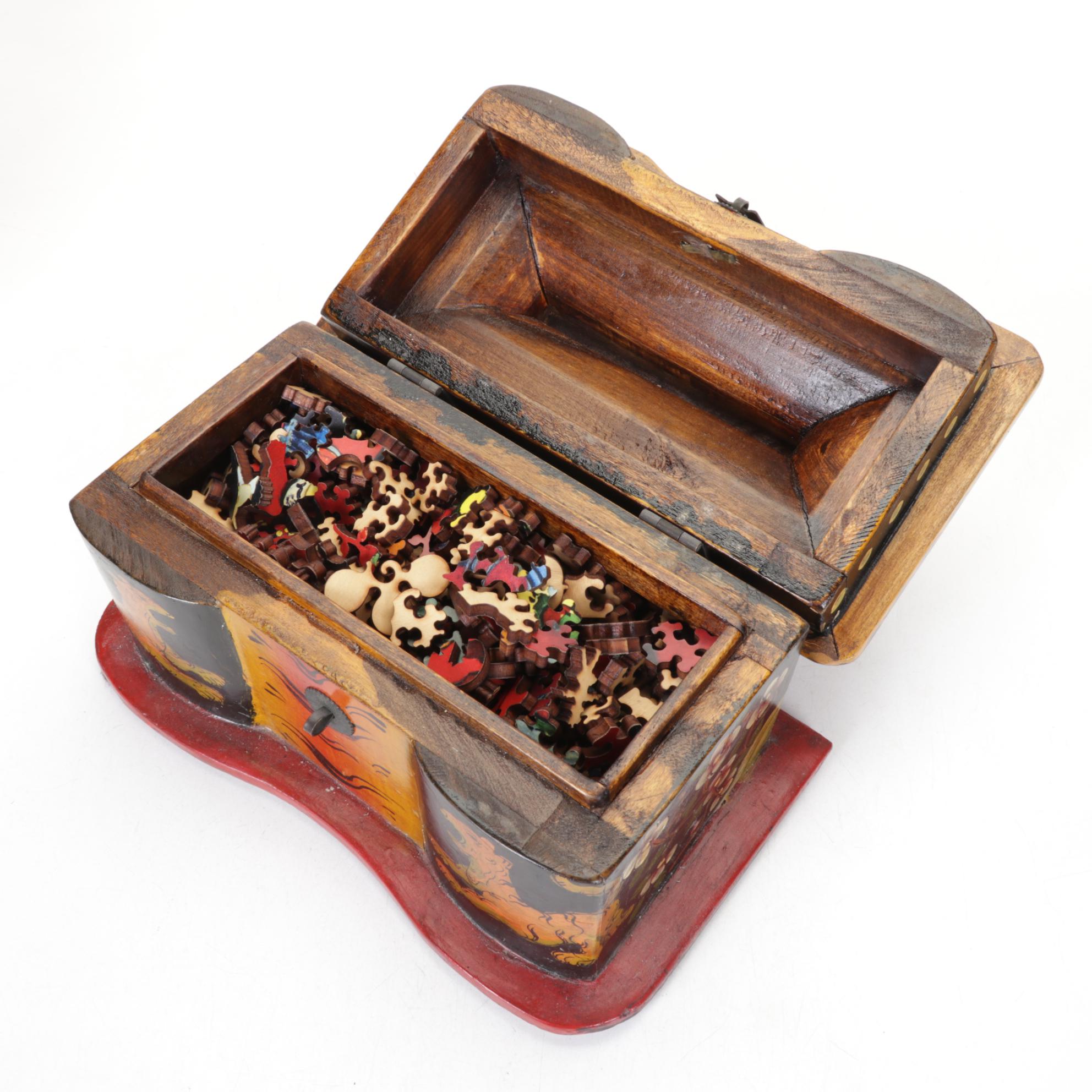 Hand-Painted Wooden Tiger and Floral Motif Pagoda Boxes with Puzzle Pieces