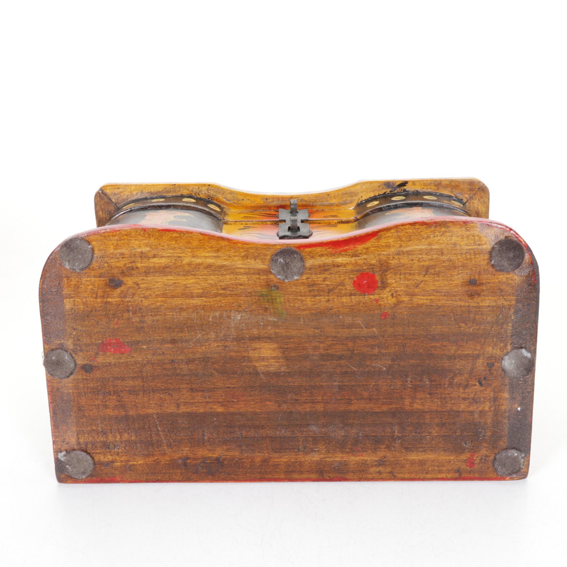 Hand-Painted Wooden Tiger and Floral Motif Pagoda Boxes with Puzzle Pieces