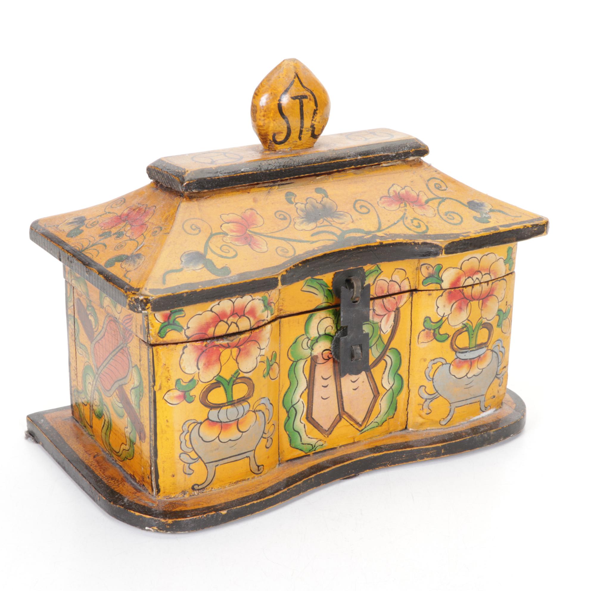 Hand-Painted Wooden Tiger and Floral Motif Pagoda Boxes with Puzzle Pieces