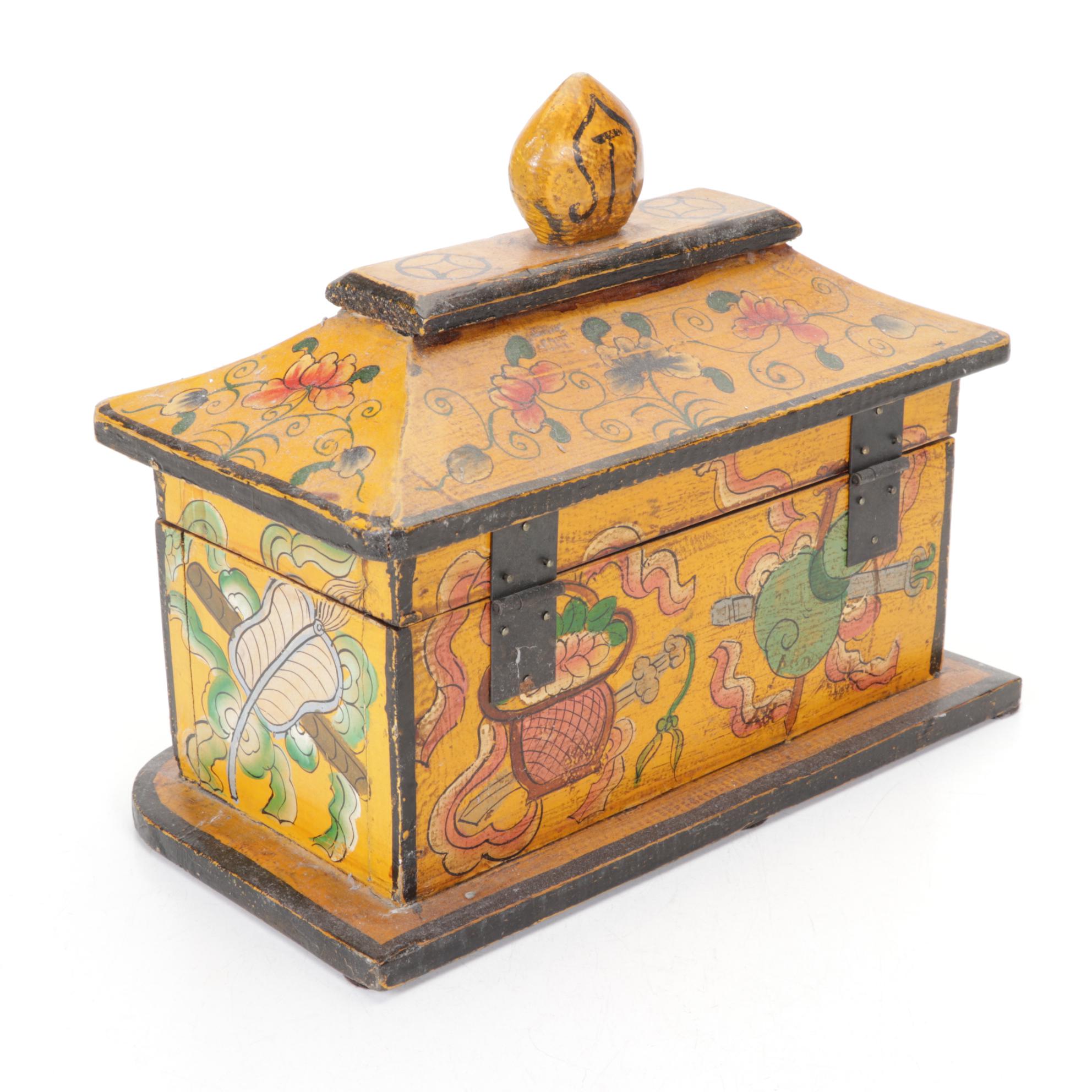 Hand-Painted Wooden Tiger and Floral Motif Pagoda Boxes with Puzzle Pieces