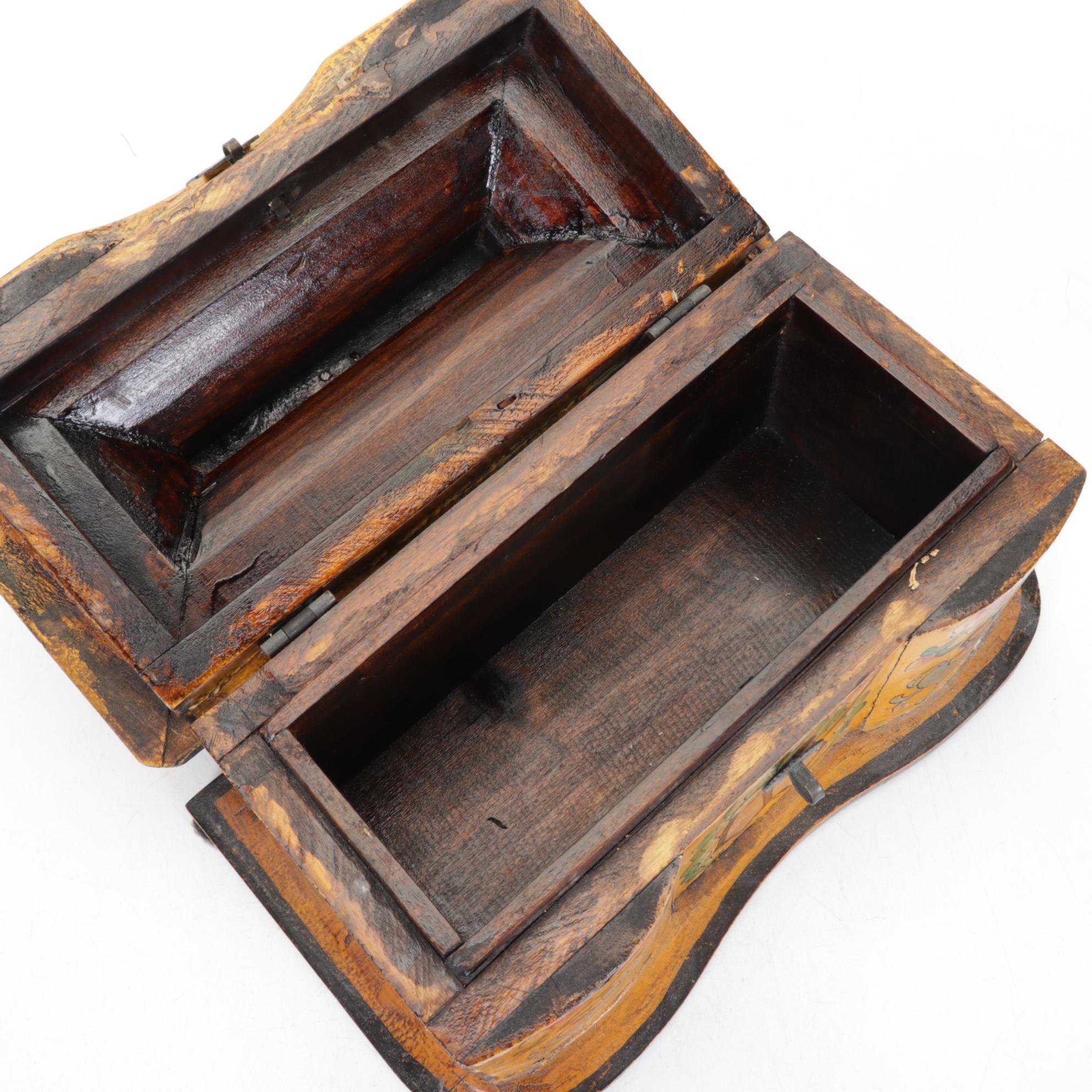 Hand-Painted Wooden Tiger and Floral Motif Pagoda Boxes with Puzzle Pieces