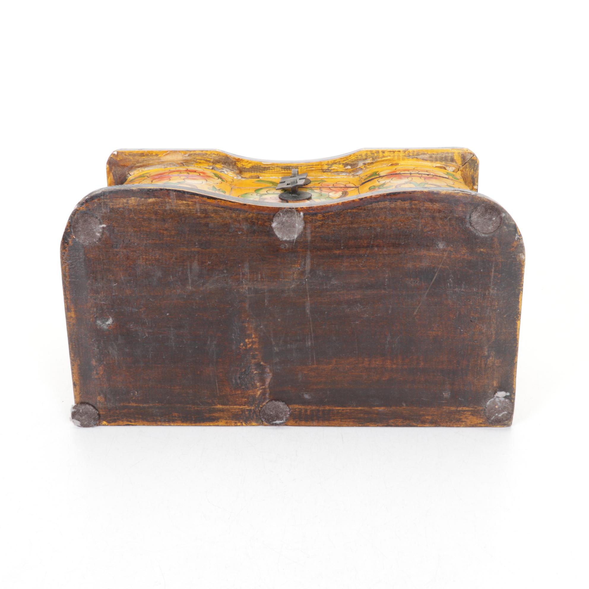 Hand-Painted Wooden Tiger and Floral Motif Pagoda Boxes with Puzzle Pieces