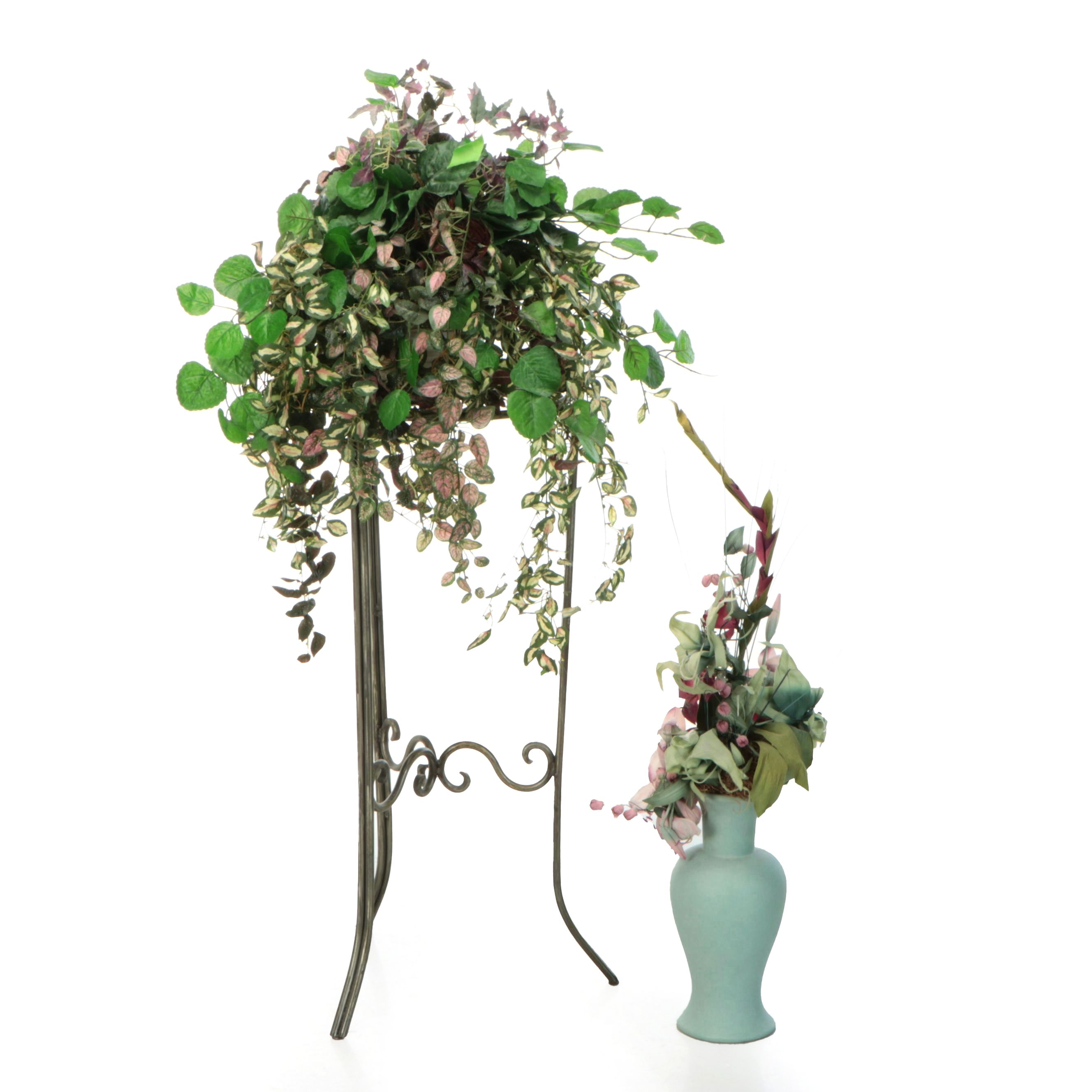 Artificial Hoya and Flowers with Metal Planter Stand and Ceramic Vase