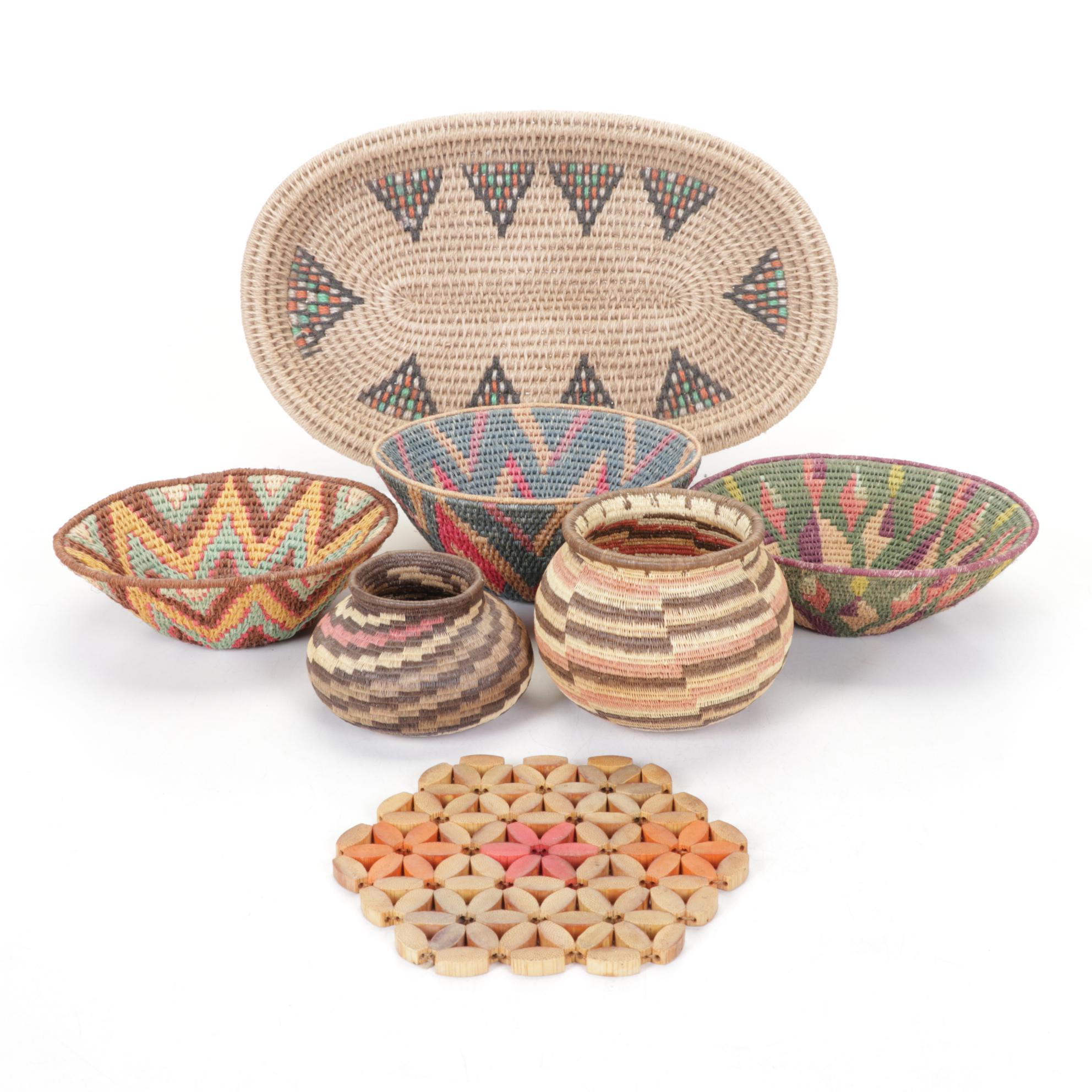 African Nubian, Swazi & Other Woven Baskets and Bamboo Trivet