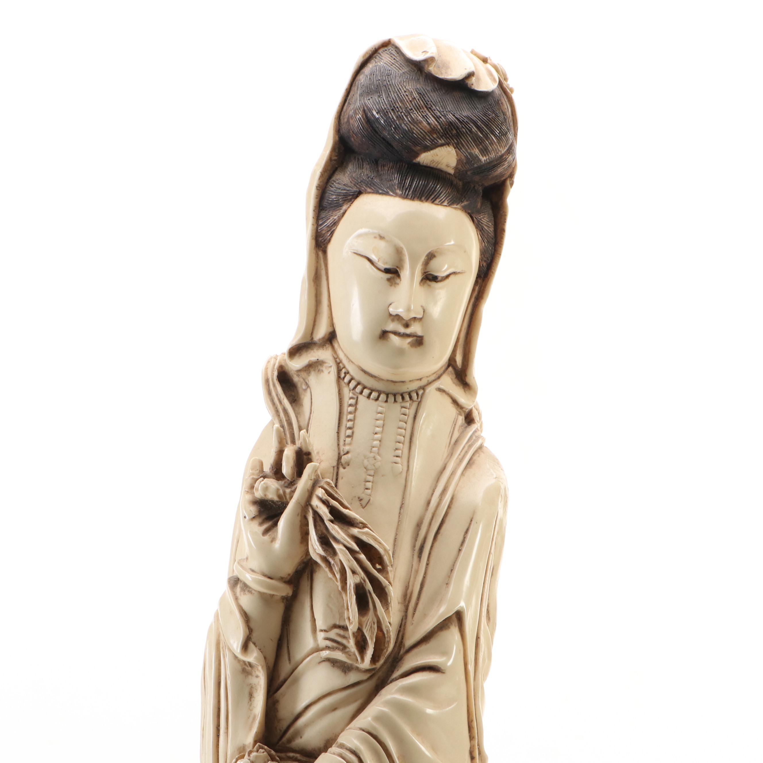 Faux Tusk Carved Guanyin Figure