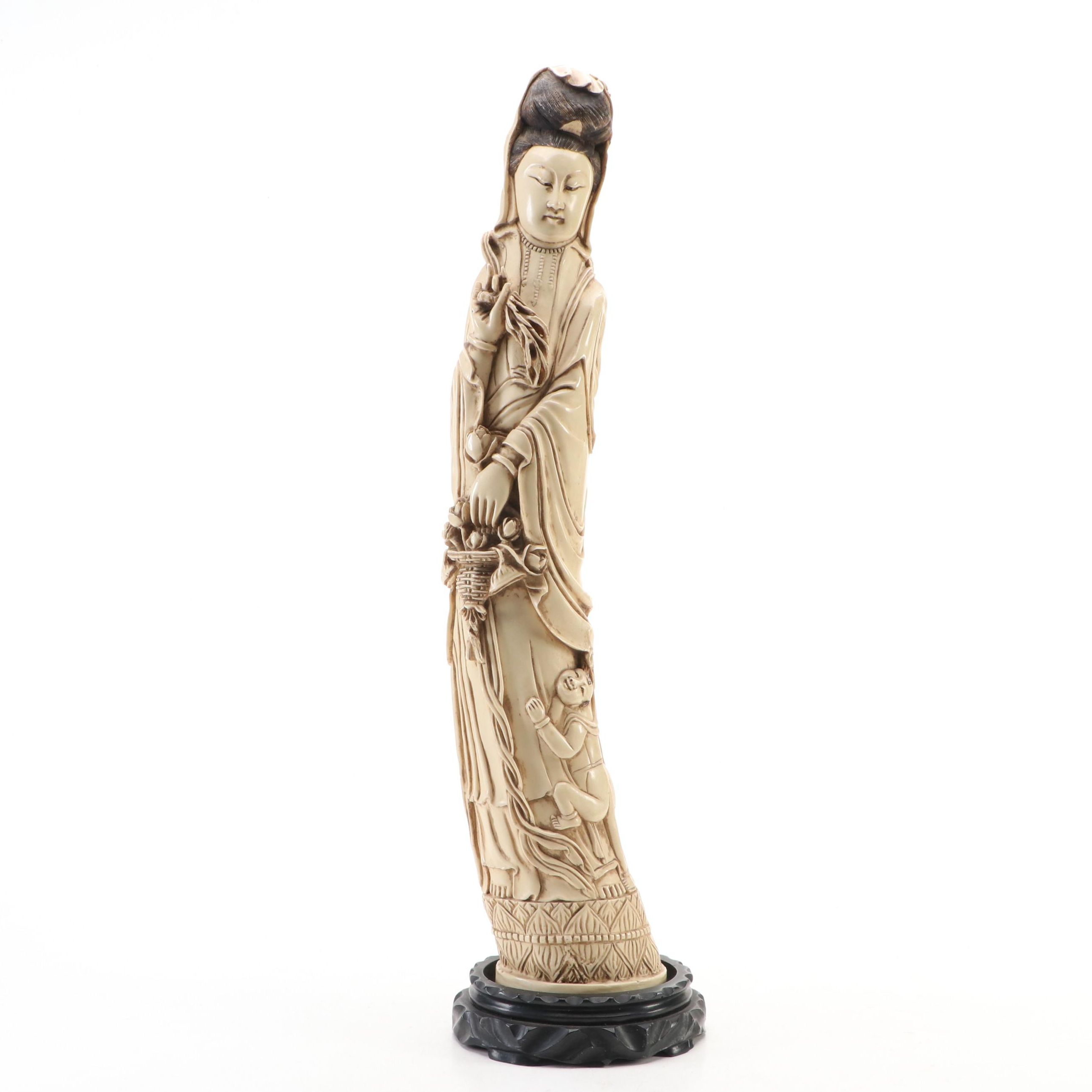 Faux Tusk Carved Guanyin Figure