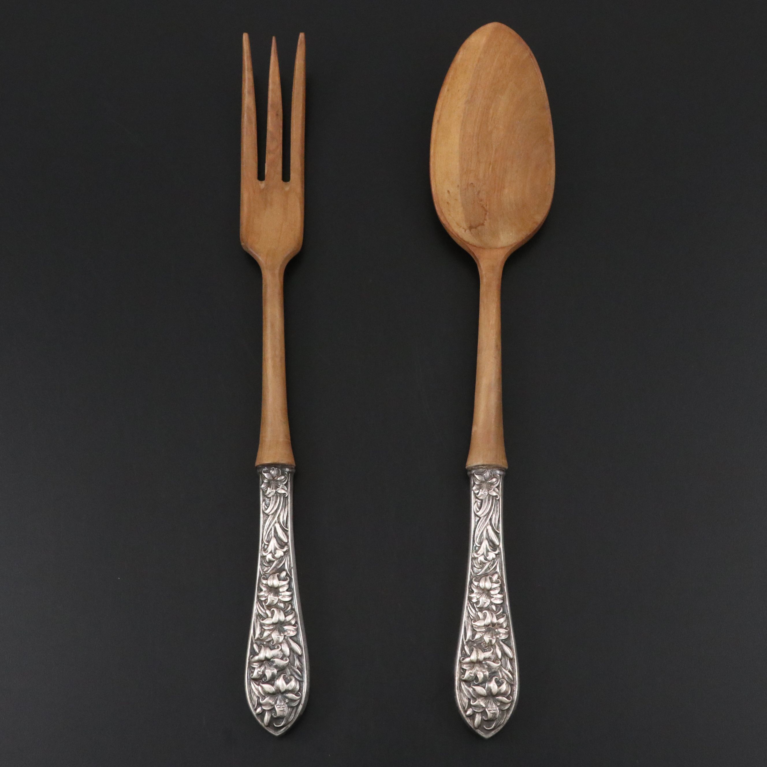 F. M. Whiting Wood with Sterling Silver Handle Serving Fork and Spoon