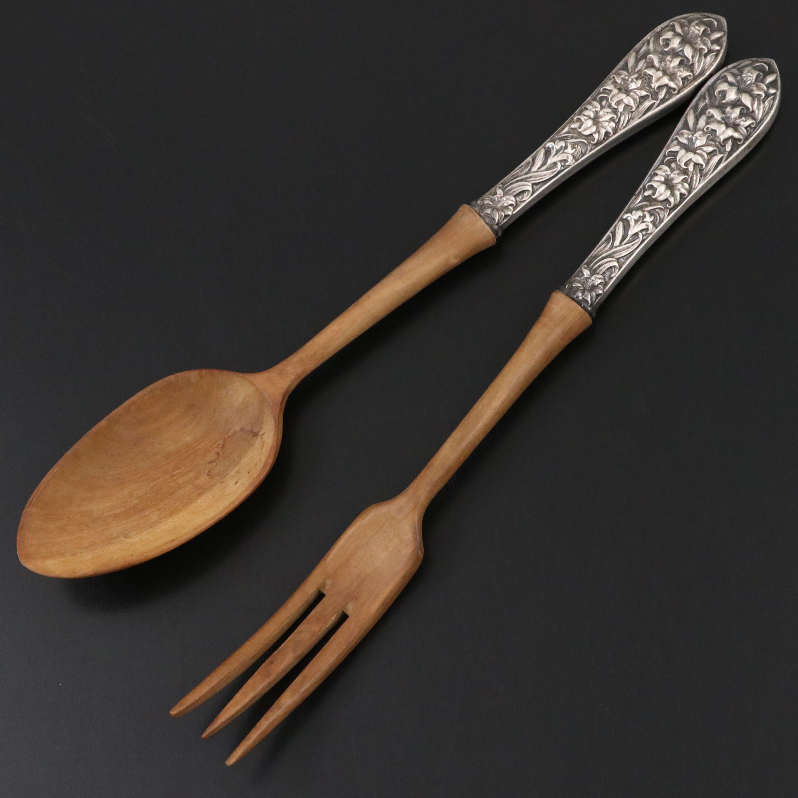 F. M. Whiting Wood with Sterling Silver Handle Serving Fork and Spoon
