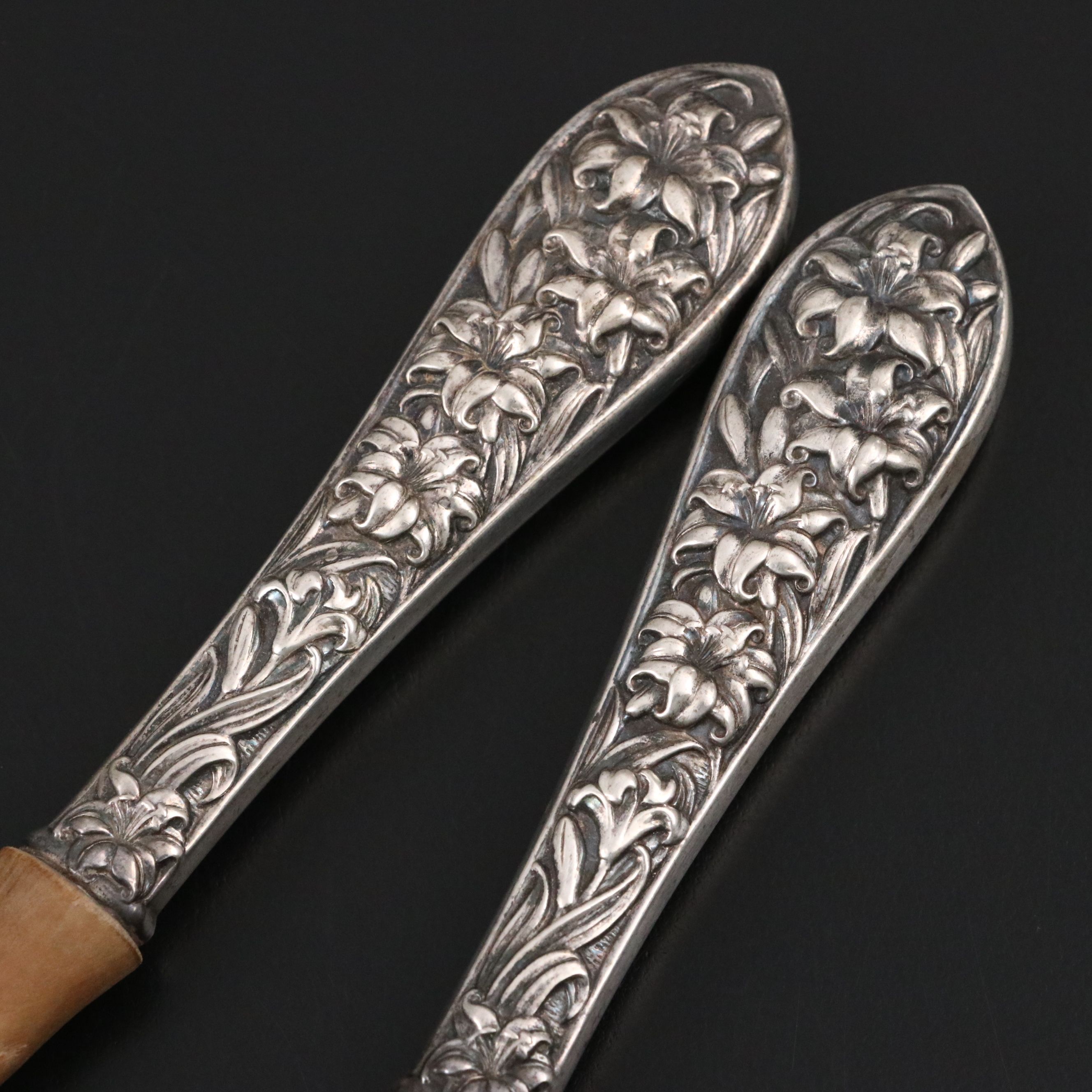 F. M. Whiting Wood with Sterling Silver Handle Serving Fork and Spoon