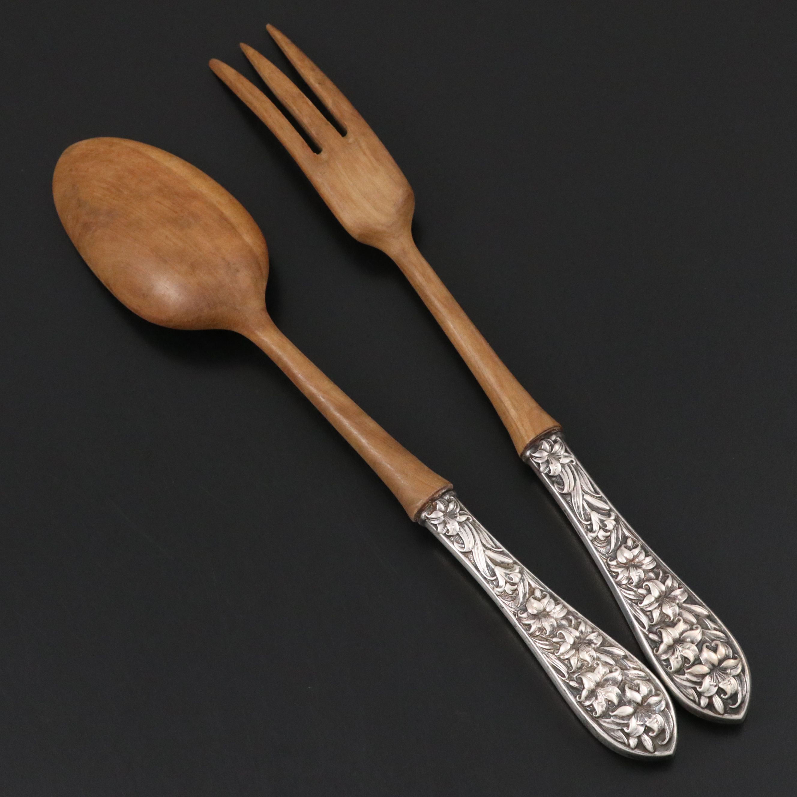 F. M. Whiting Wood with Sterling Silver Handle Serving Fork and Spoon