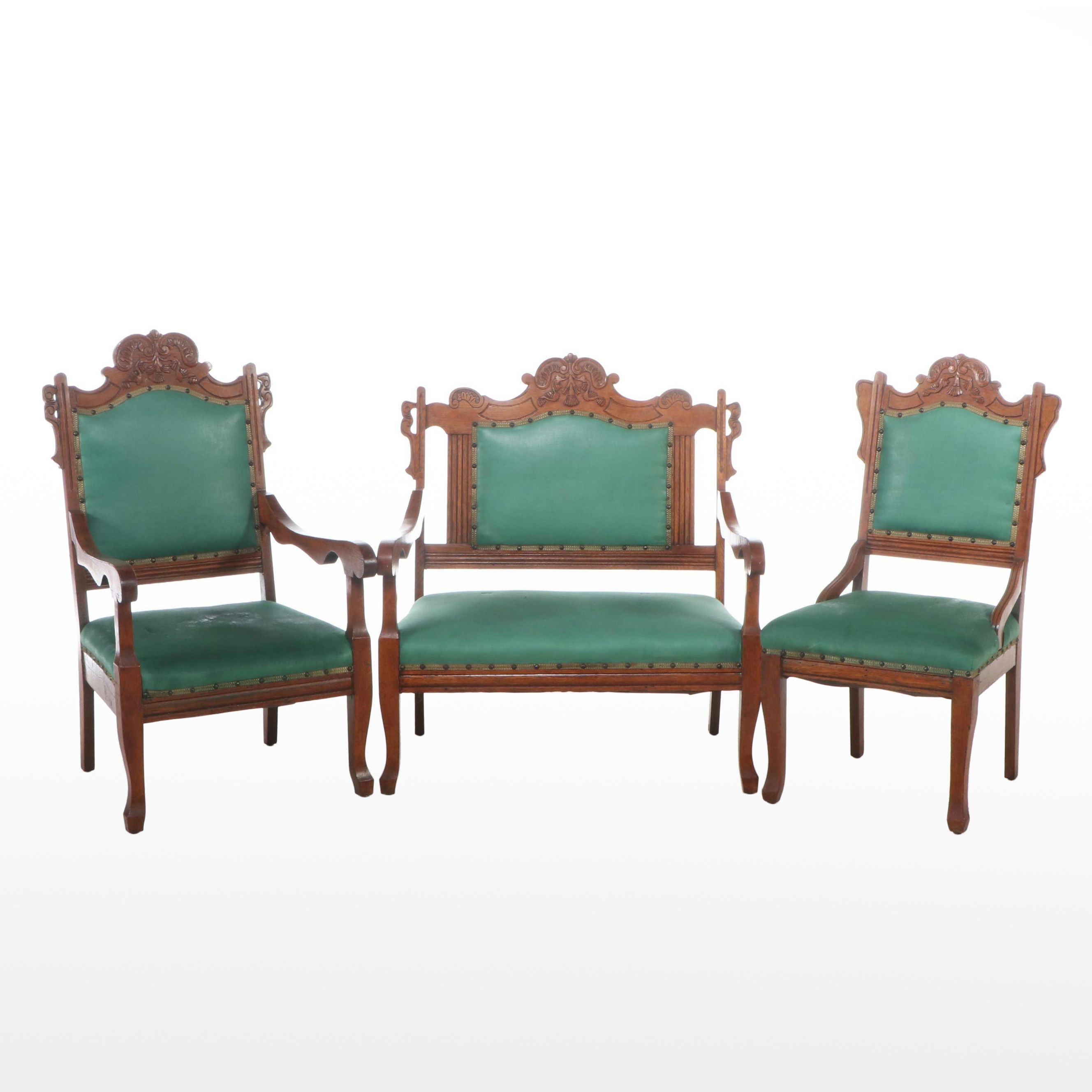 Victorian Carved Oak Framed Parlor Set with Settee, Armchair, and Side Chair