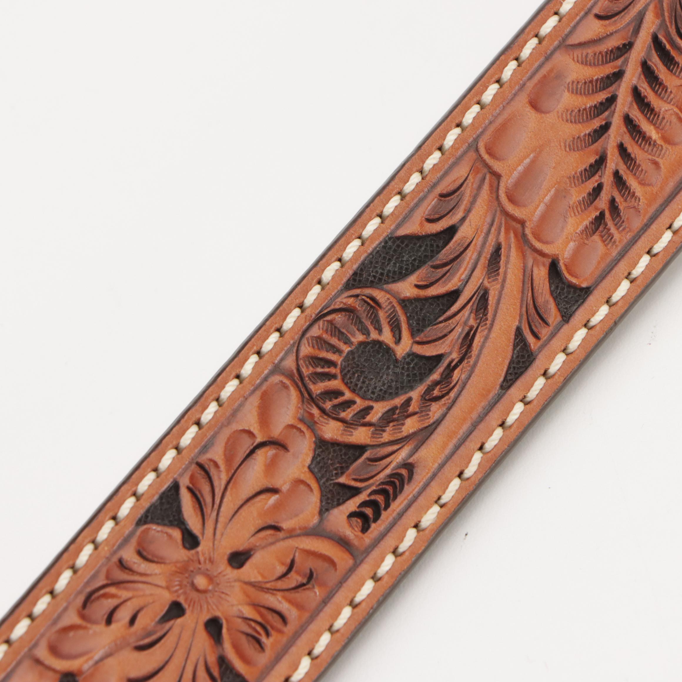 Tony Lama, Justin & Nocona Tooled Leather Belts with Mosaic Inlay Buckle