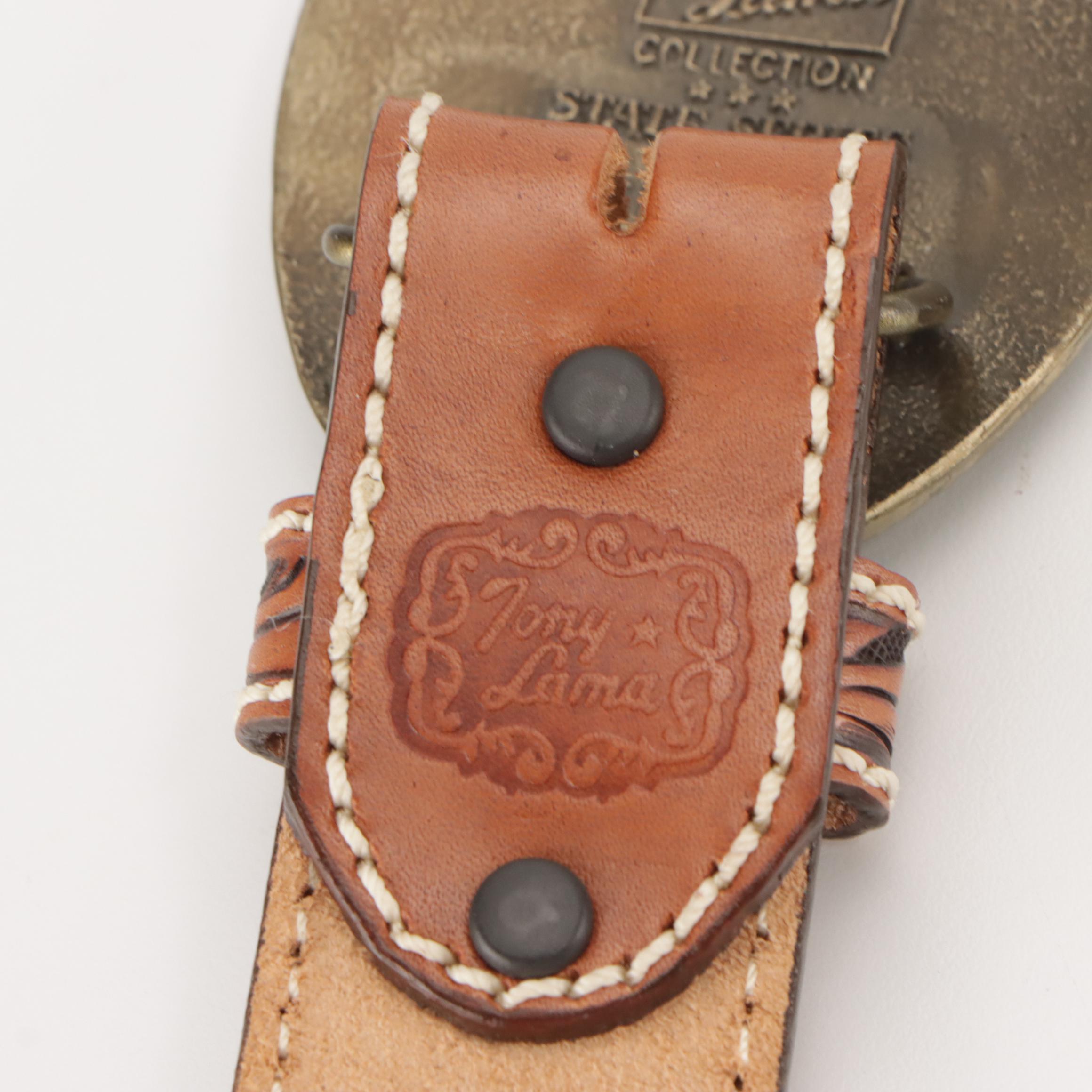 Tony Lama, Justin & Nocona Tooled Leather Belts with Mosaic Inlay Buckle