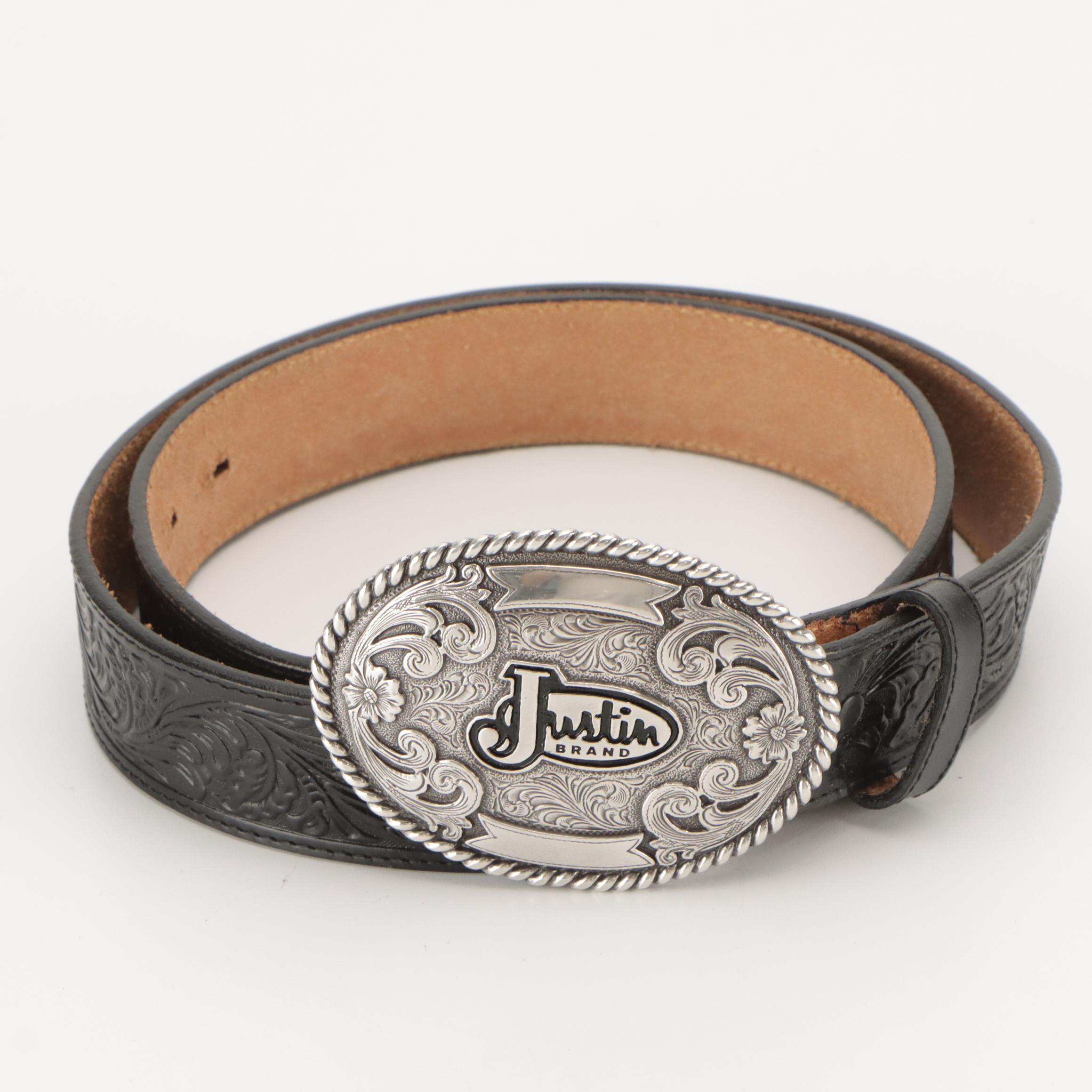 Tony Lama, Justin & Nocona Tooled Leather Belts with Mosaic Inlay Buckle