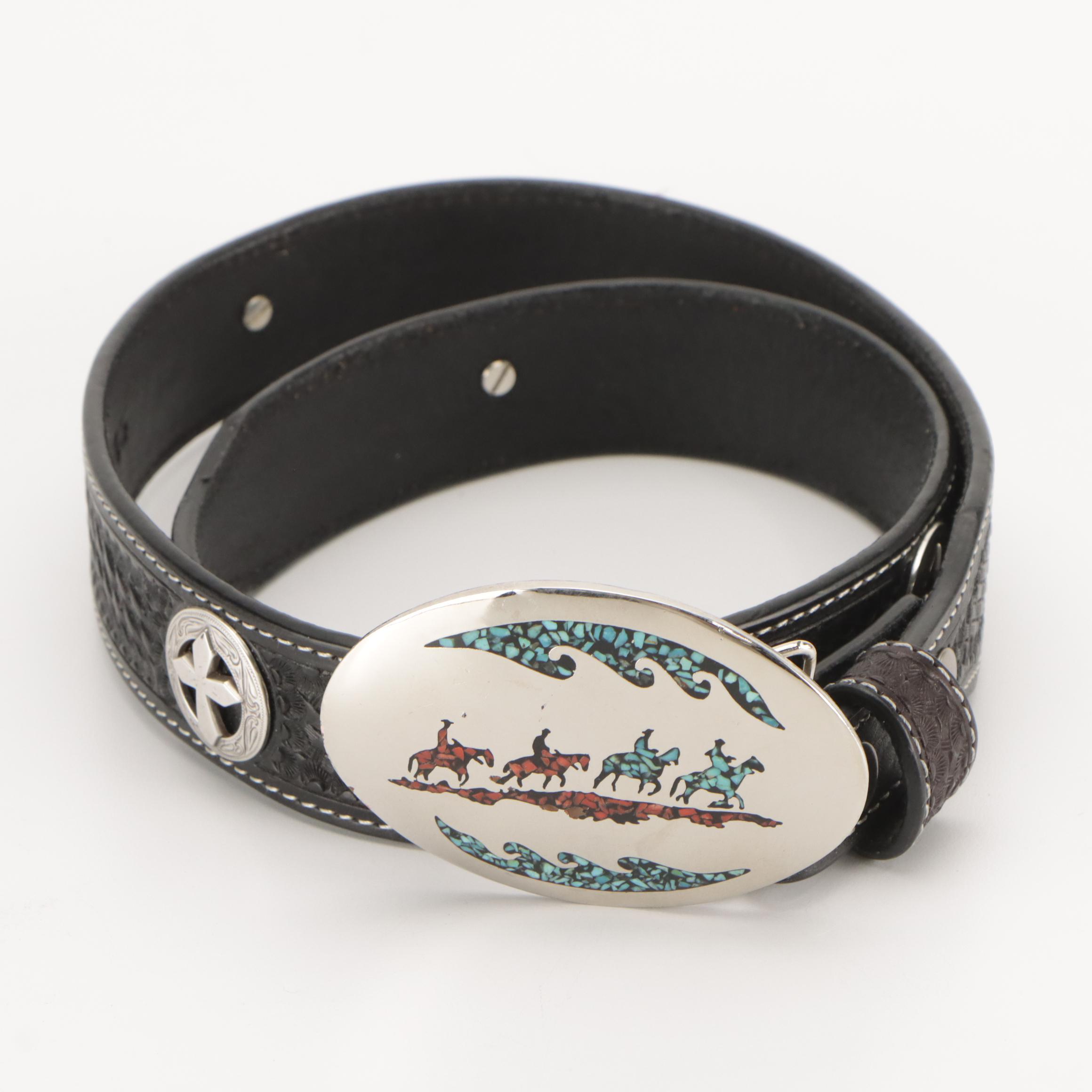 Tony Lama, Justin & Nocona Tooled Leather Belts with Mosaic Inlay Buckle