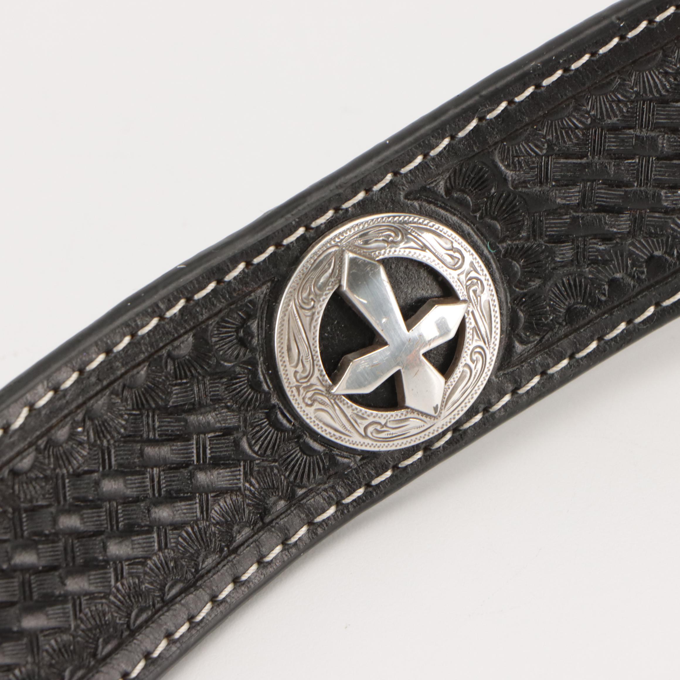 Tony Lama, Justin & Nocona Tooled Leather Belts with Mosaic Inlay Buckle