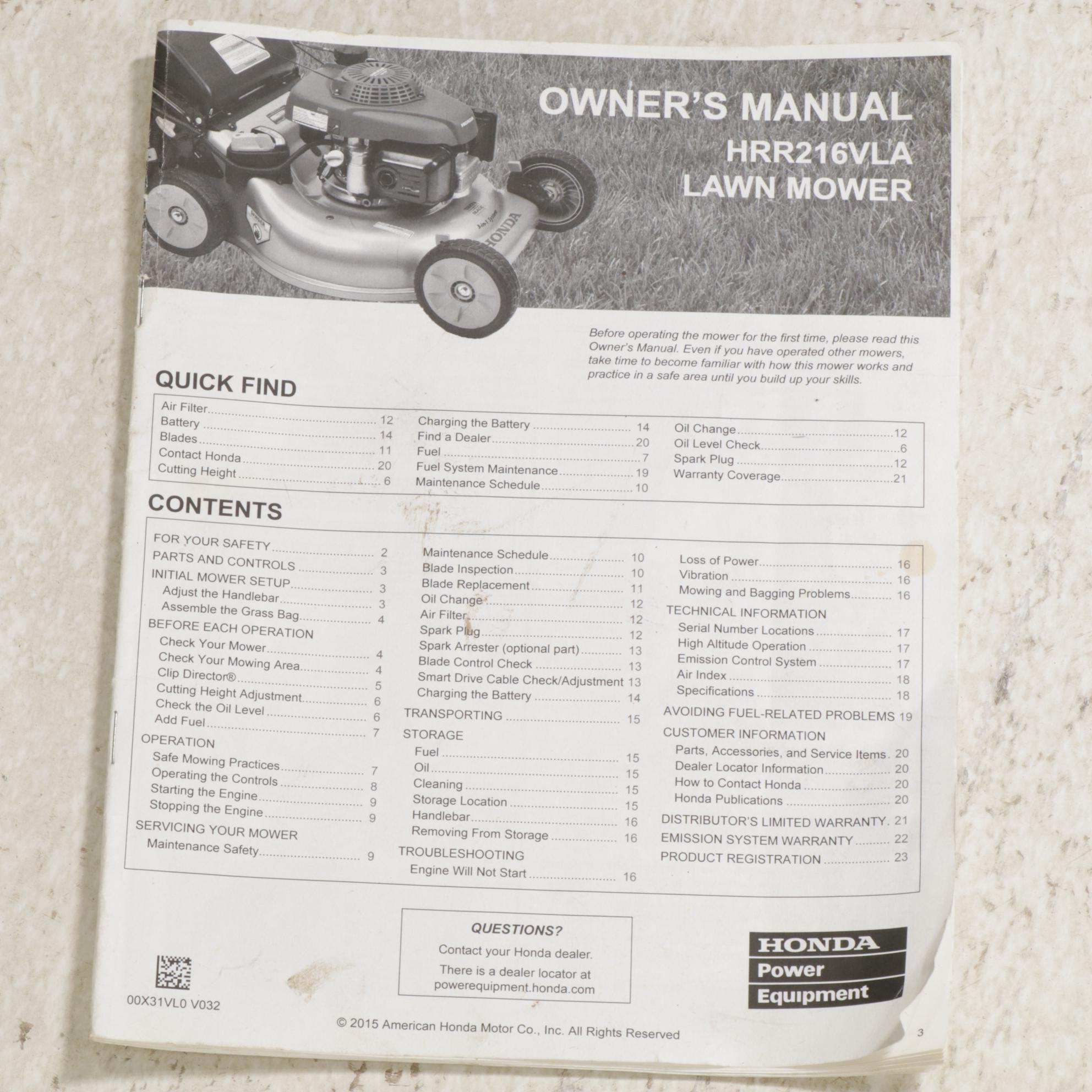 Honda HRR216VLA Gas Powered Lawnmower, 2015