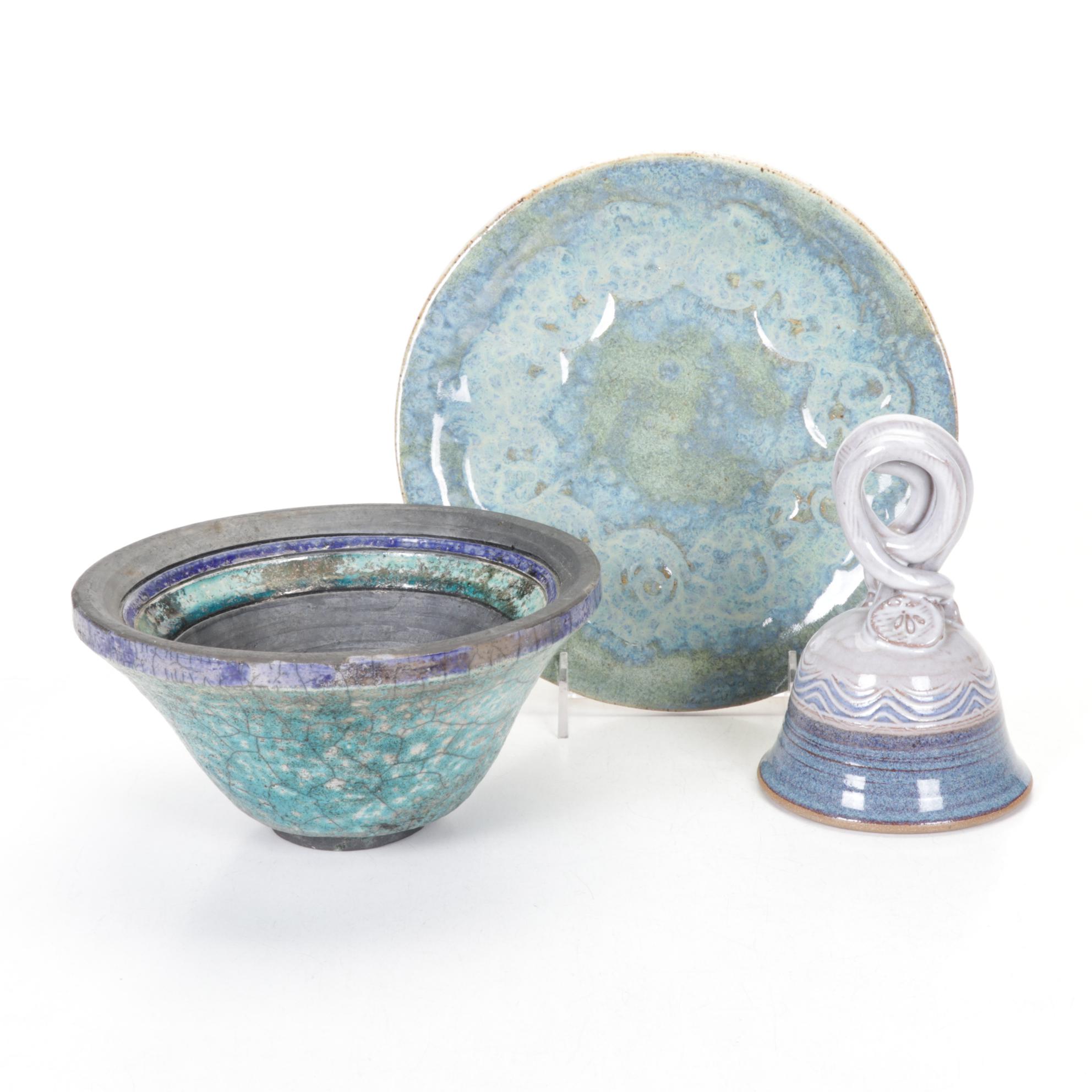 Studio Art Pottery Turquoise Stoneware Plate and Layered Bowl with Bell