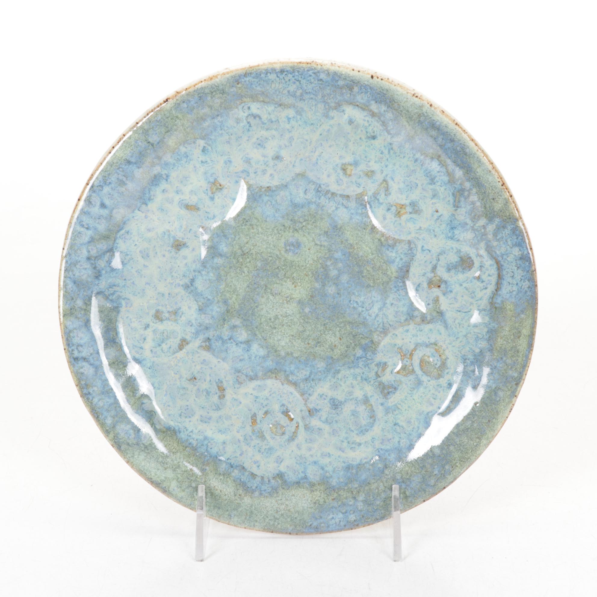 Studio Art Pottery Turquoise Stoneware Plate and Layered Bowl with Bell