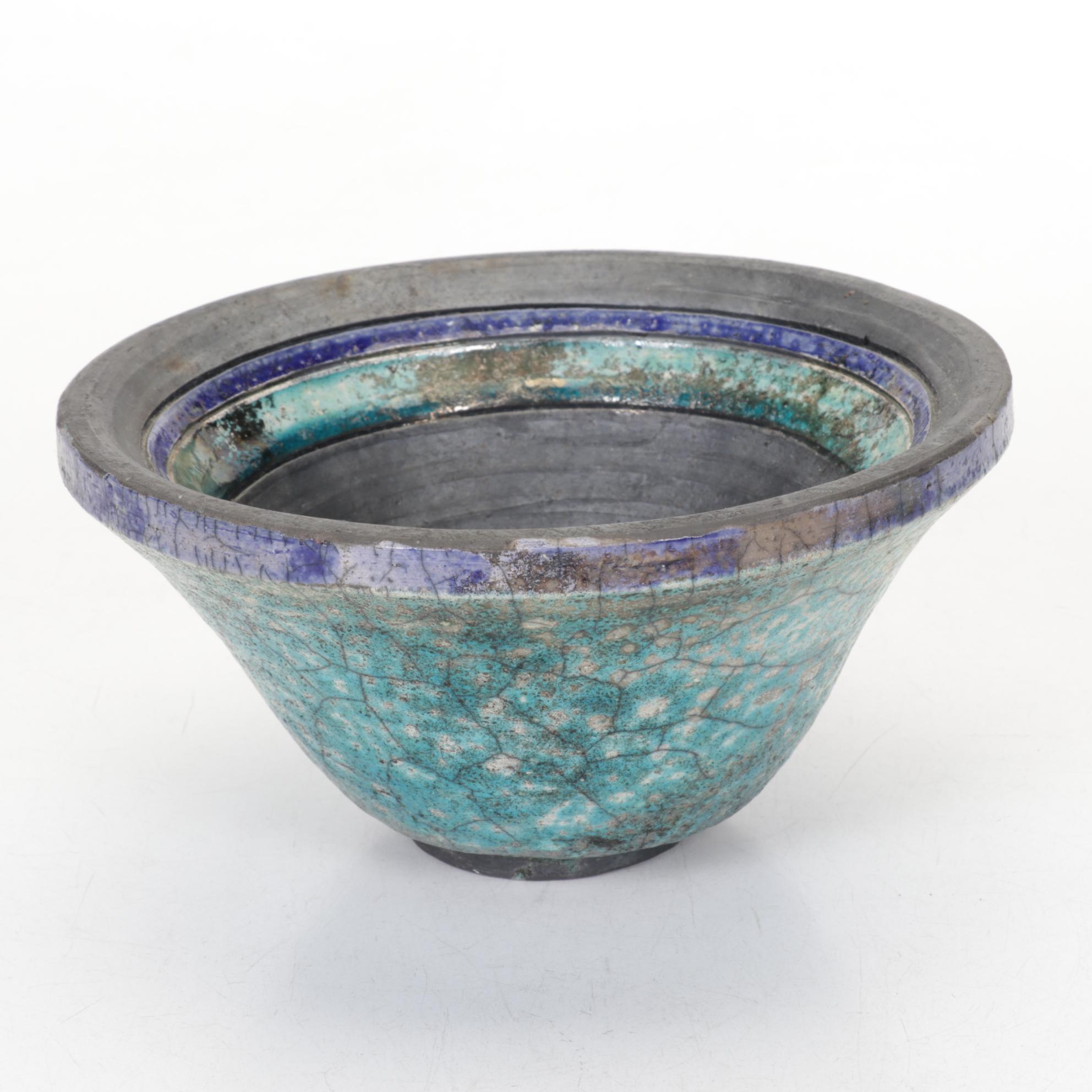 Studio Art Pottery Turquoise Stoneware Plate and Layered Bowl with Bell