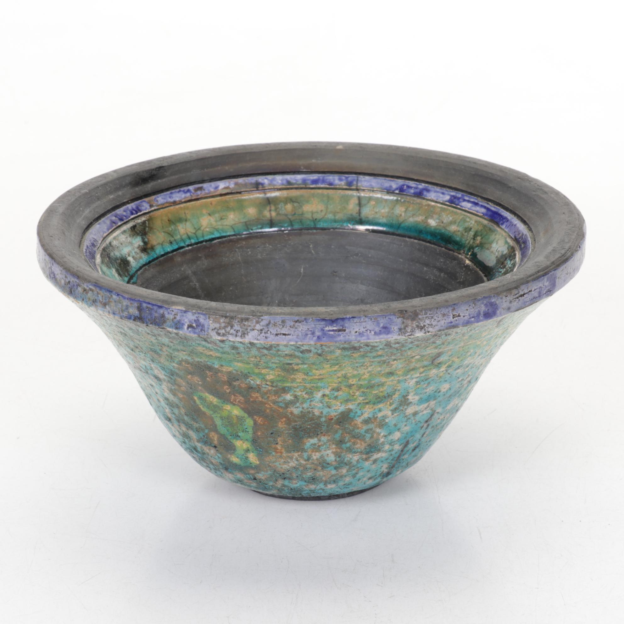 Studio Art Pottery Turquoise Stoneware Plate and Layered Bowl with Bell