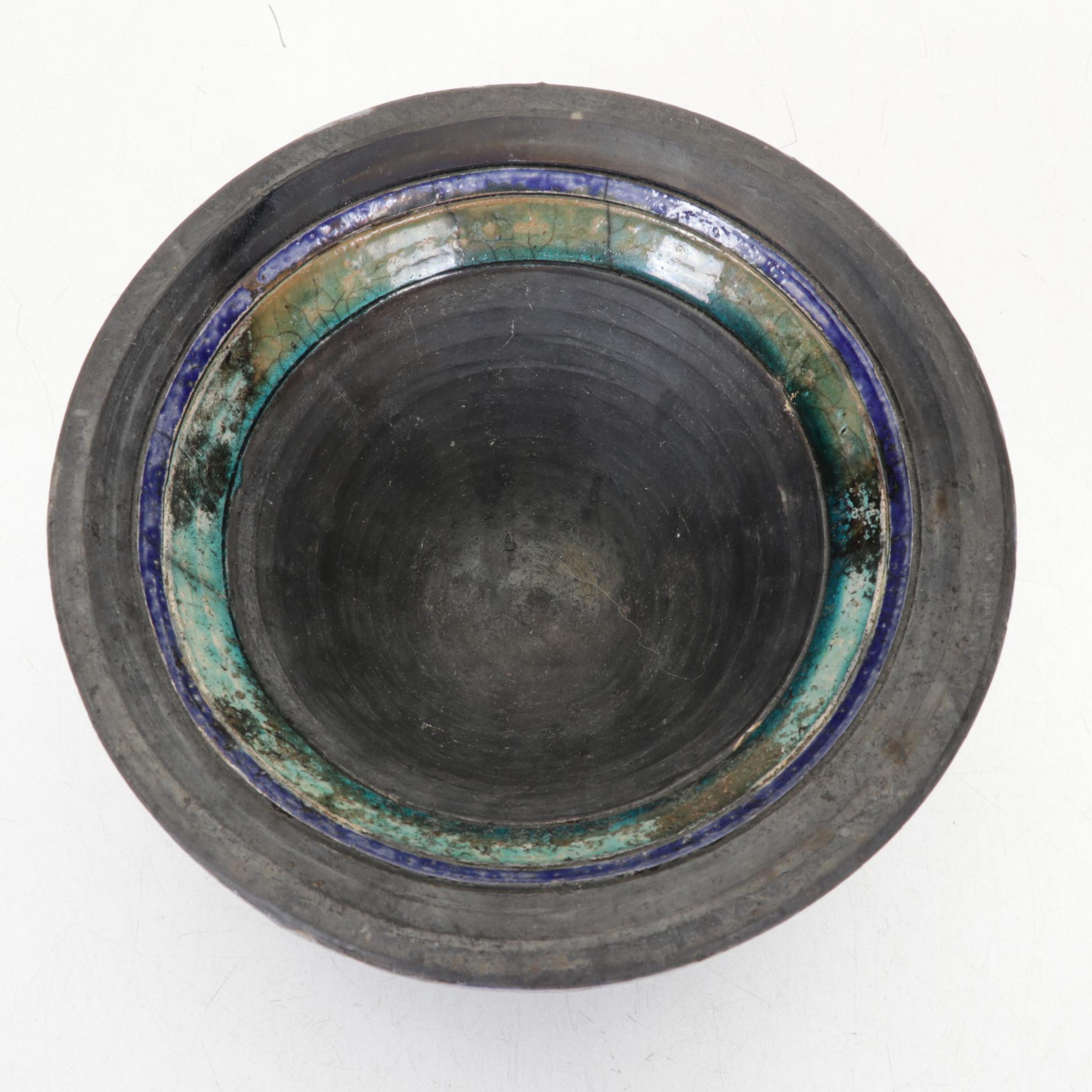 Studio Art Pottery Turquoise Stoneware Plate and Layered Bowl with Bell