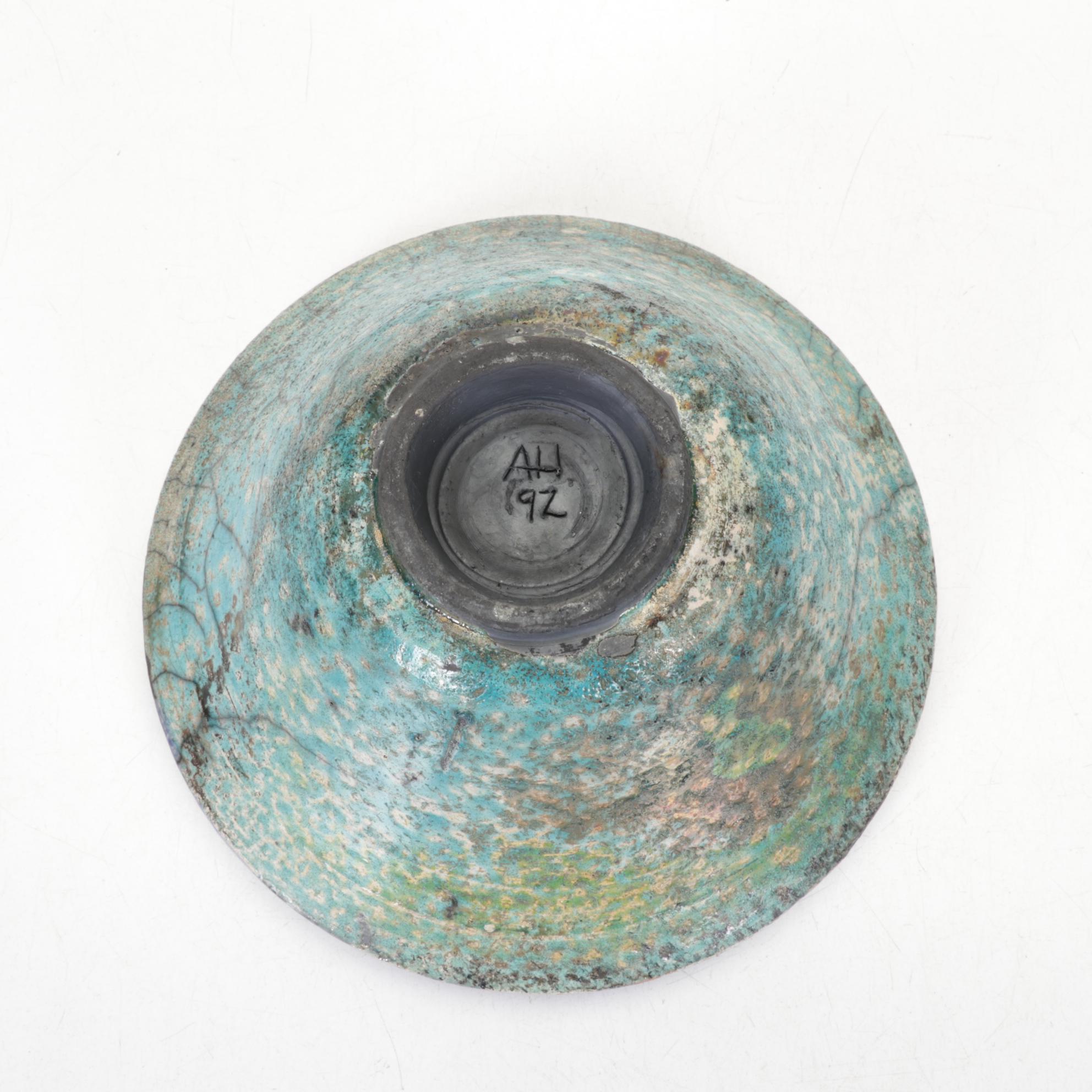 Studio Art Pottery Turquoise Stoneware Plate and Layered Bowl with Bell