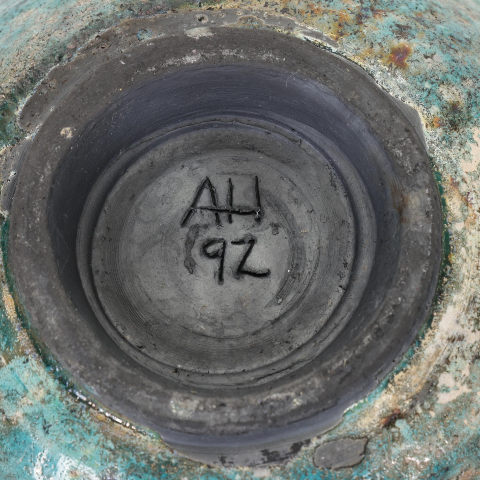 Studio Art Pottery Turquoise Stoneware Plate and Layered Bowl with Bell