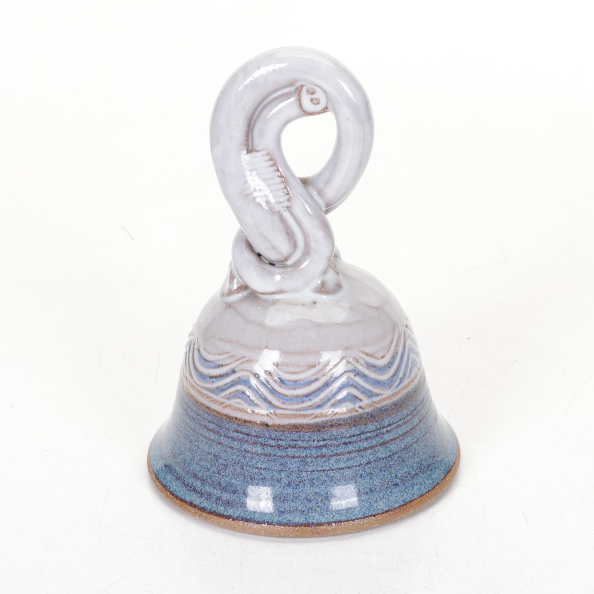 Studio Art Pottery Turquoise Stoneware Plate and Layered Bowl with Bell