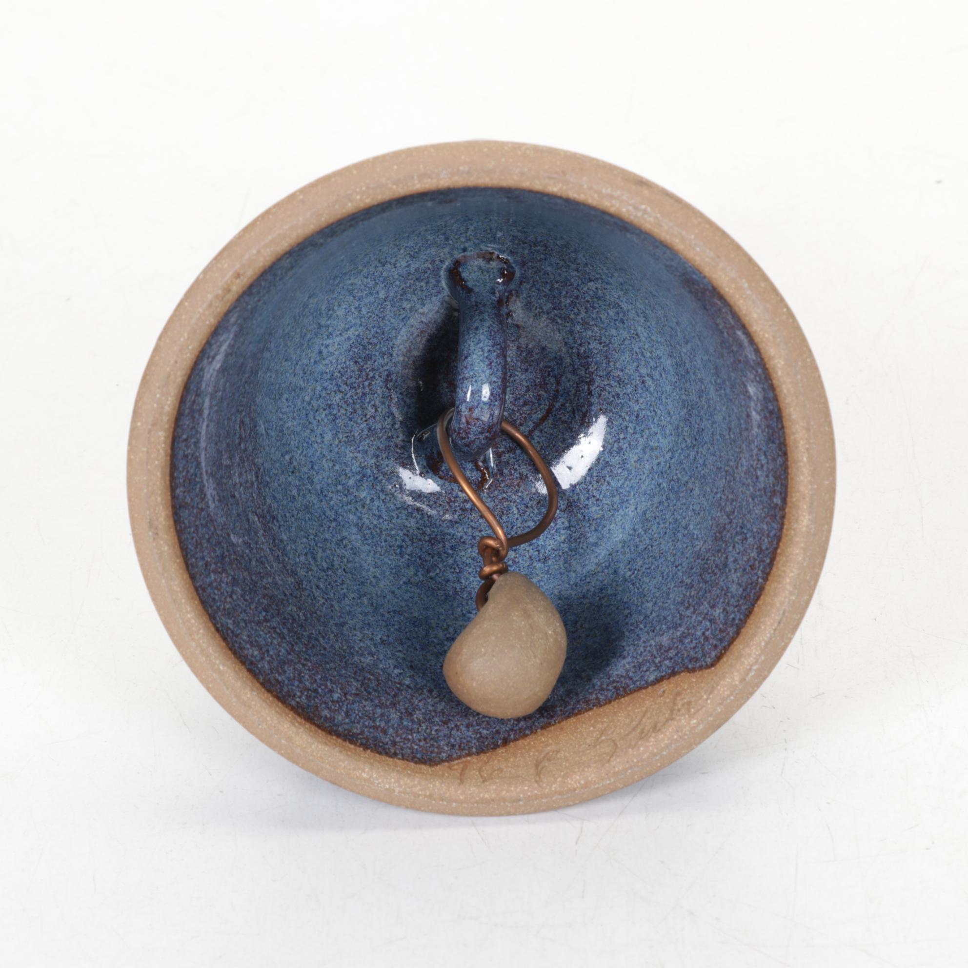 Studio Art Pottery Turquoise Stoneware Plate and Layered Bowl with Bell