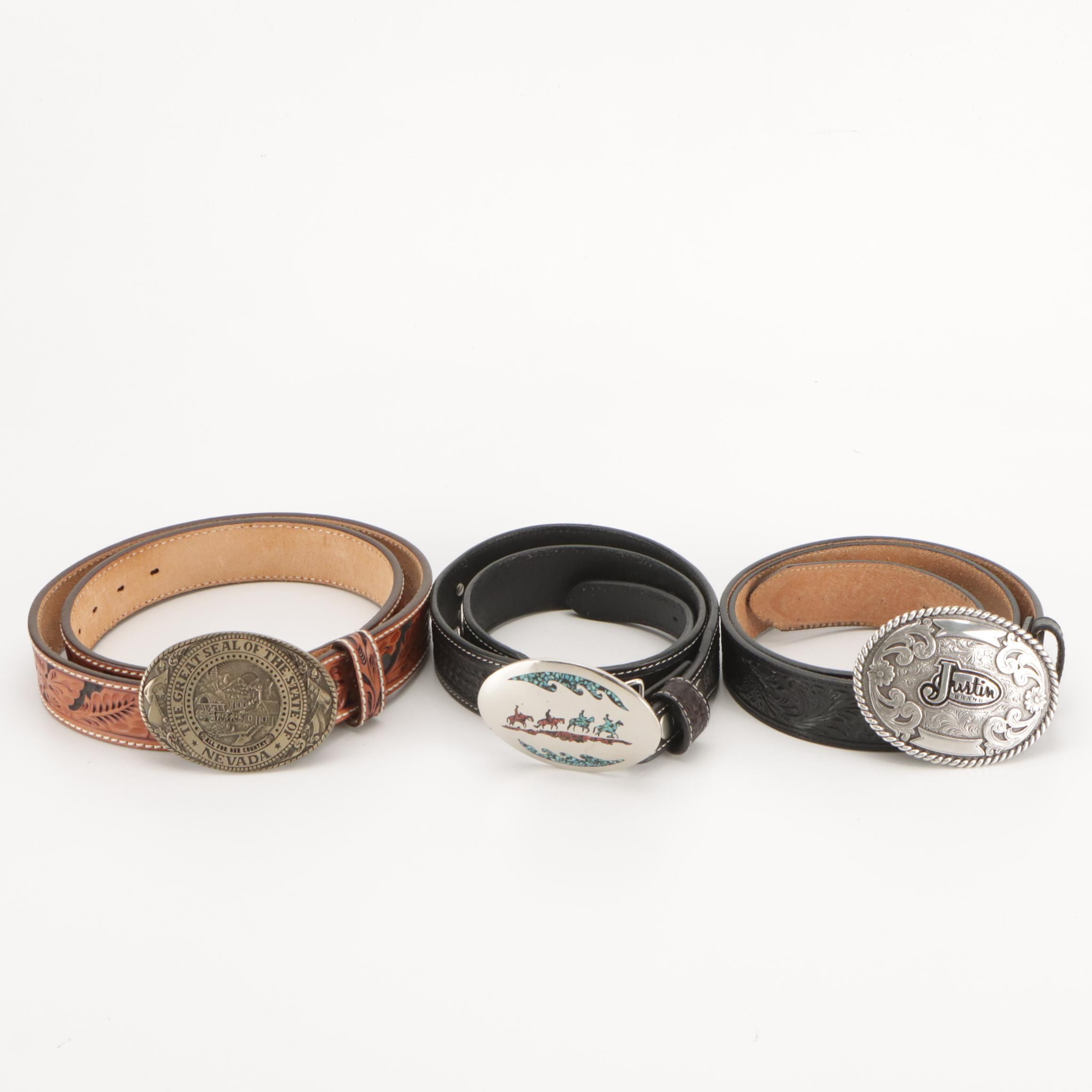 Tony Lama, Justin & Nocona Tooled Leather Belts with Mosaic Inlay Buckle