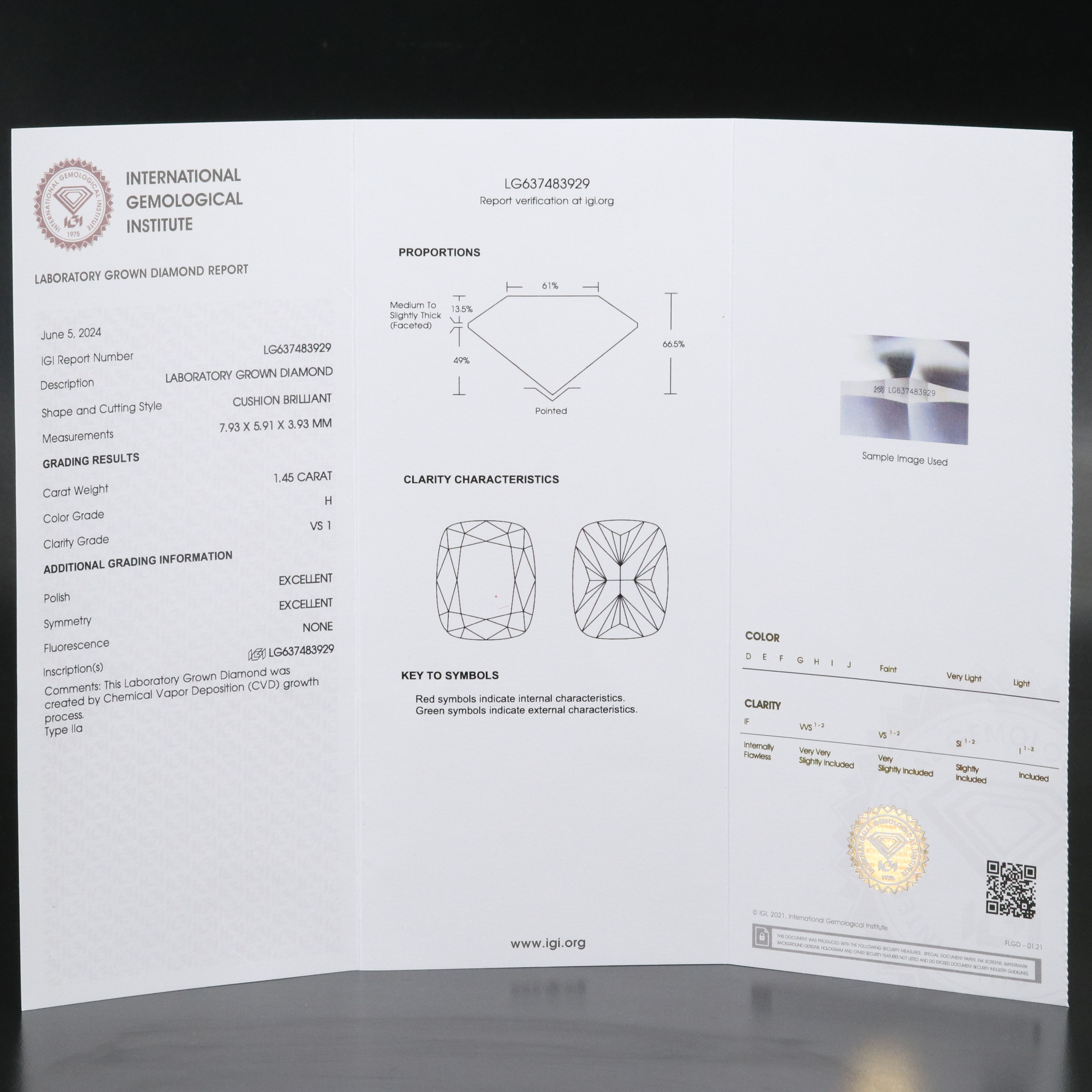 Loose 1.45 CT Lab Grown Diamond with IGI Report